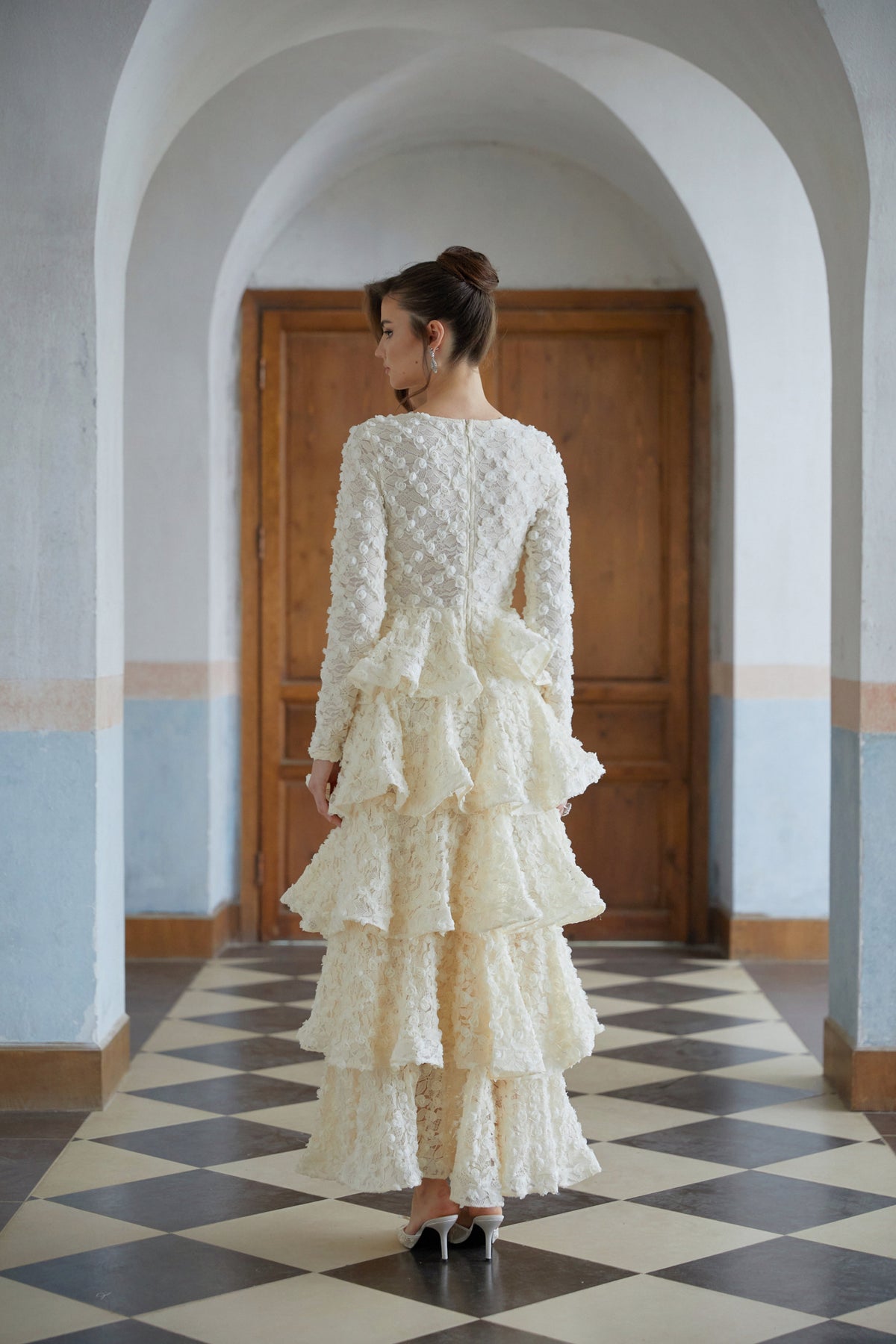 Halla Neutral Tiered Floral Lace Maxi Dress