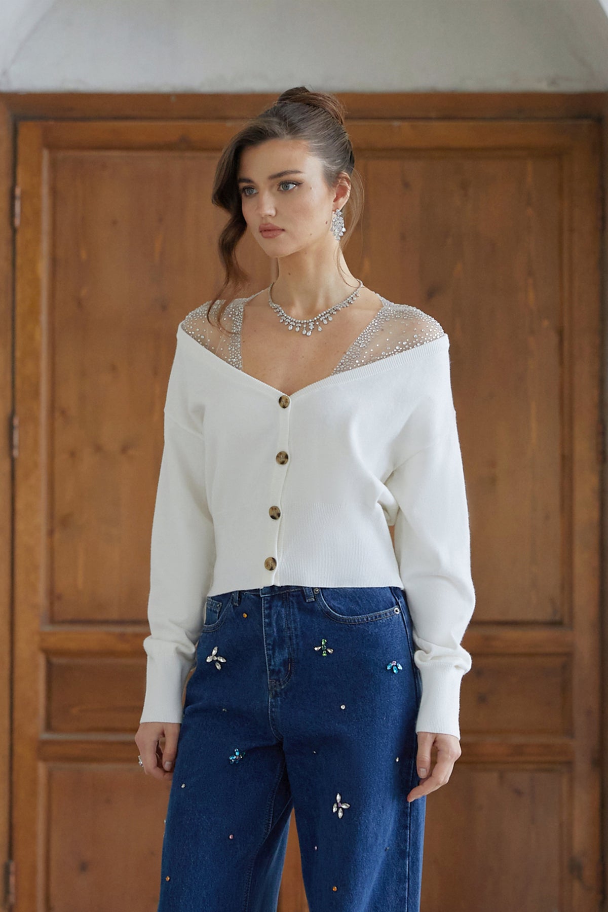 Evie White Rhinestone Tulle Panel Knit Cardigan