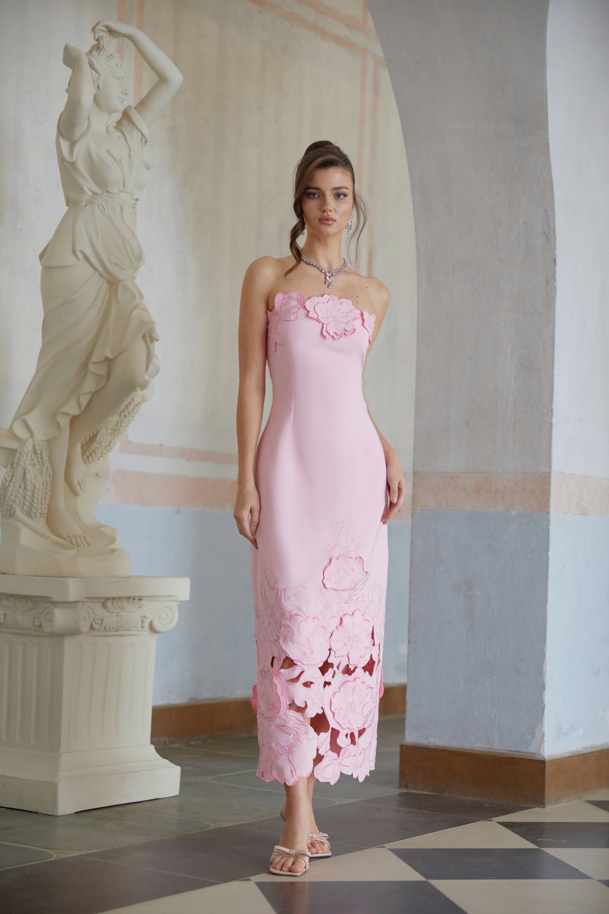 Inga Pink Strapless Floral Embroidered Maxi Dress