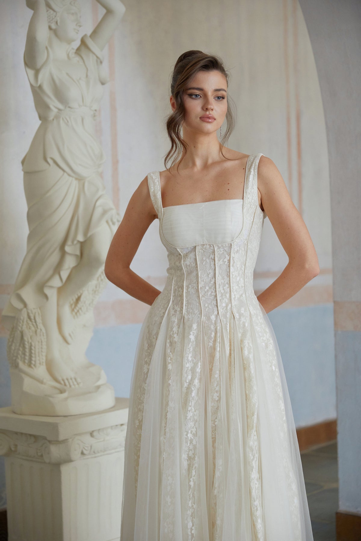 Fiadh Neutral Tulle Panel Lace Maxi Dress