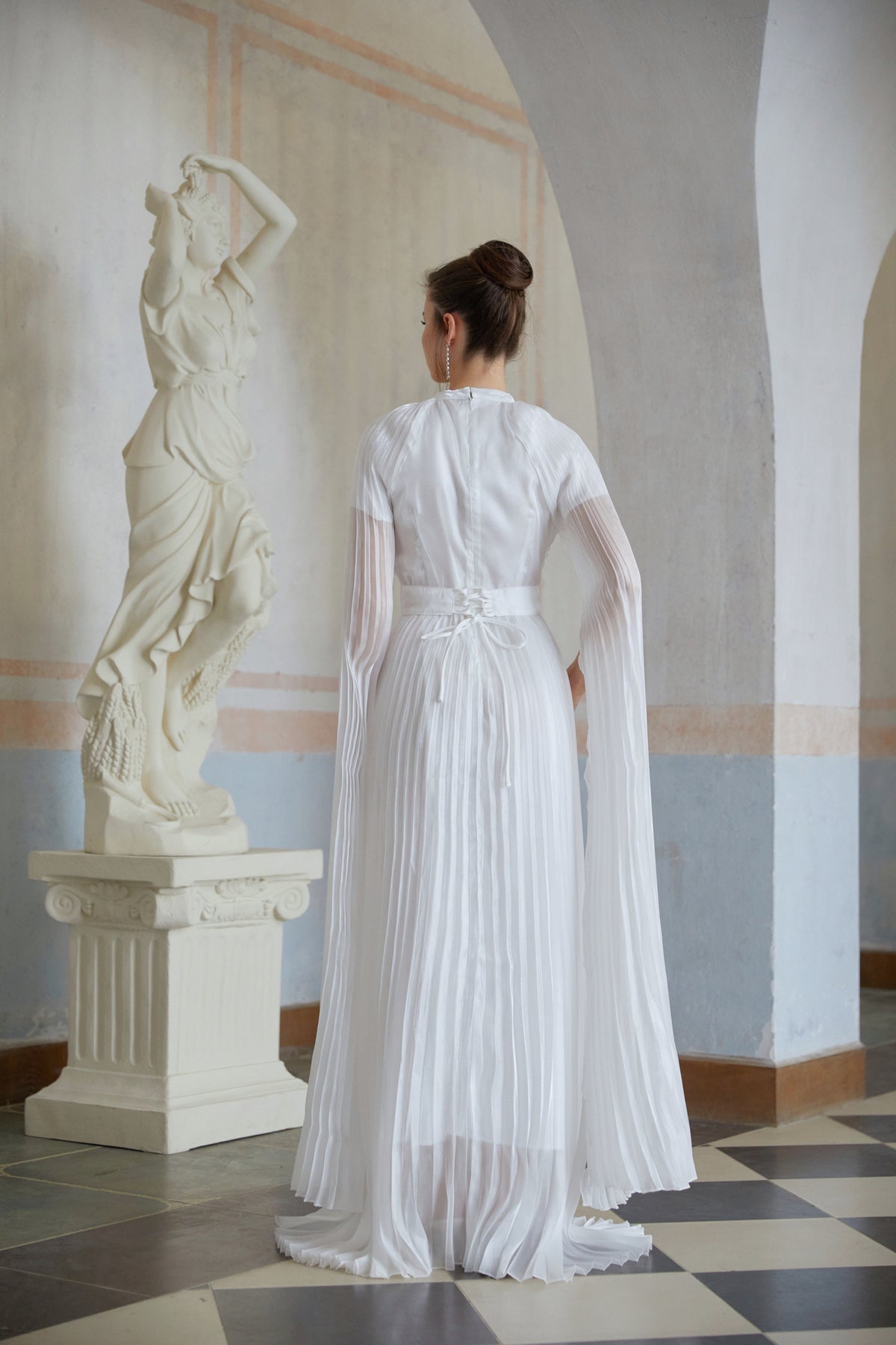 Croía White Glossy Panel Pleated Maxi Dress