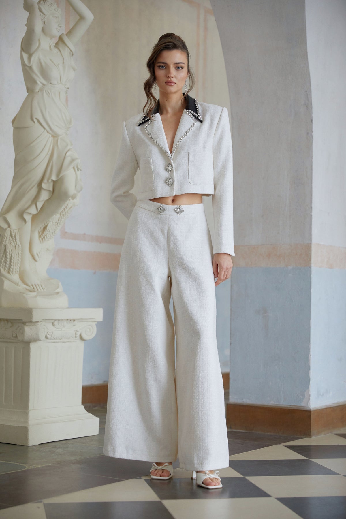 Tindra White Embellished Tweed Jacket & Trousers Set