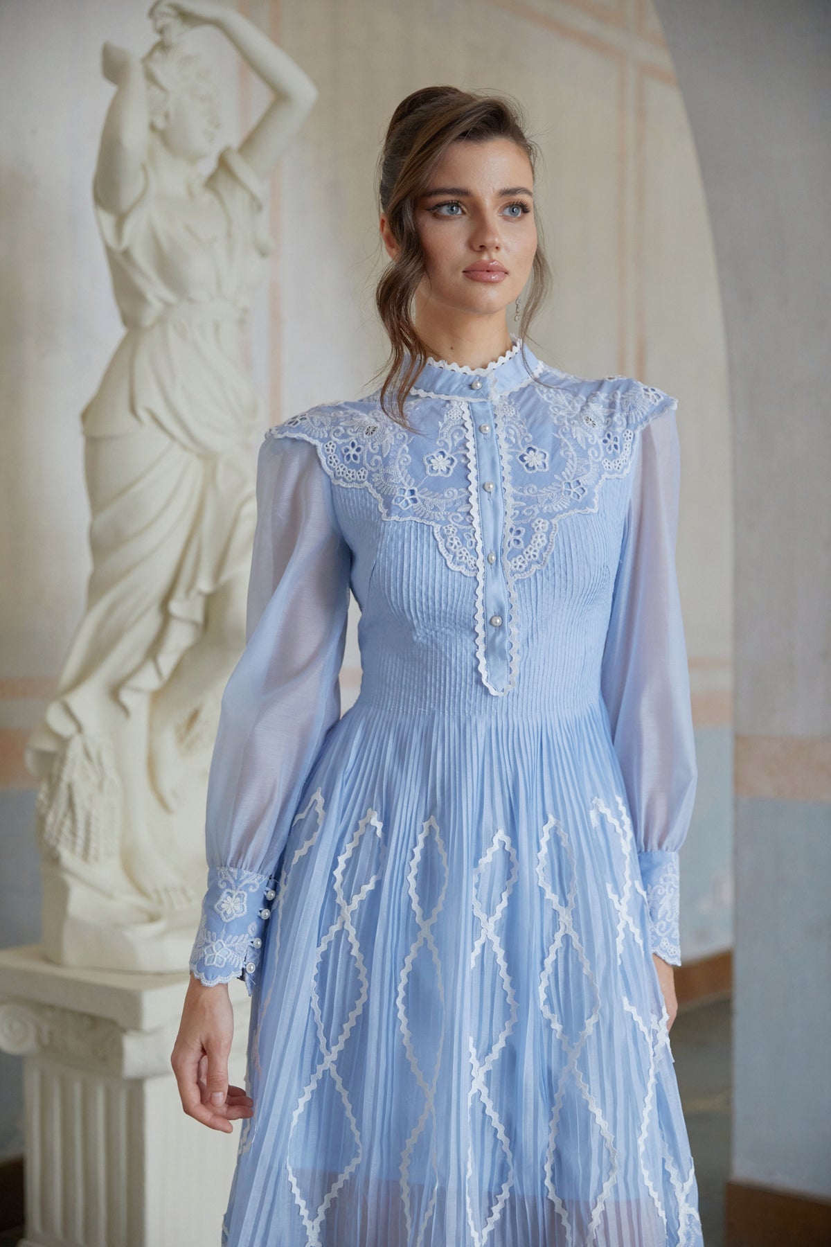 Francesca Blue Lace Trim Pleated Midi Dress (Final Sale-US Only)