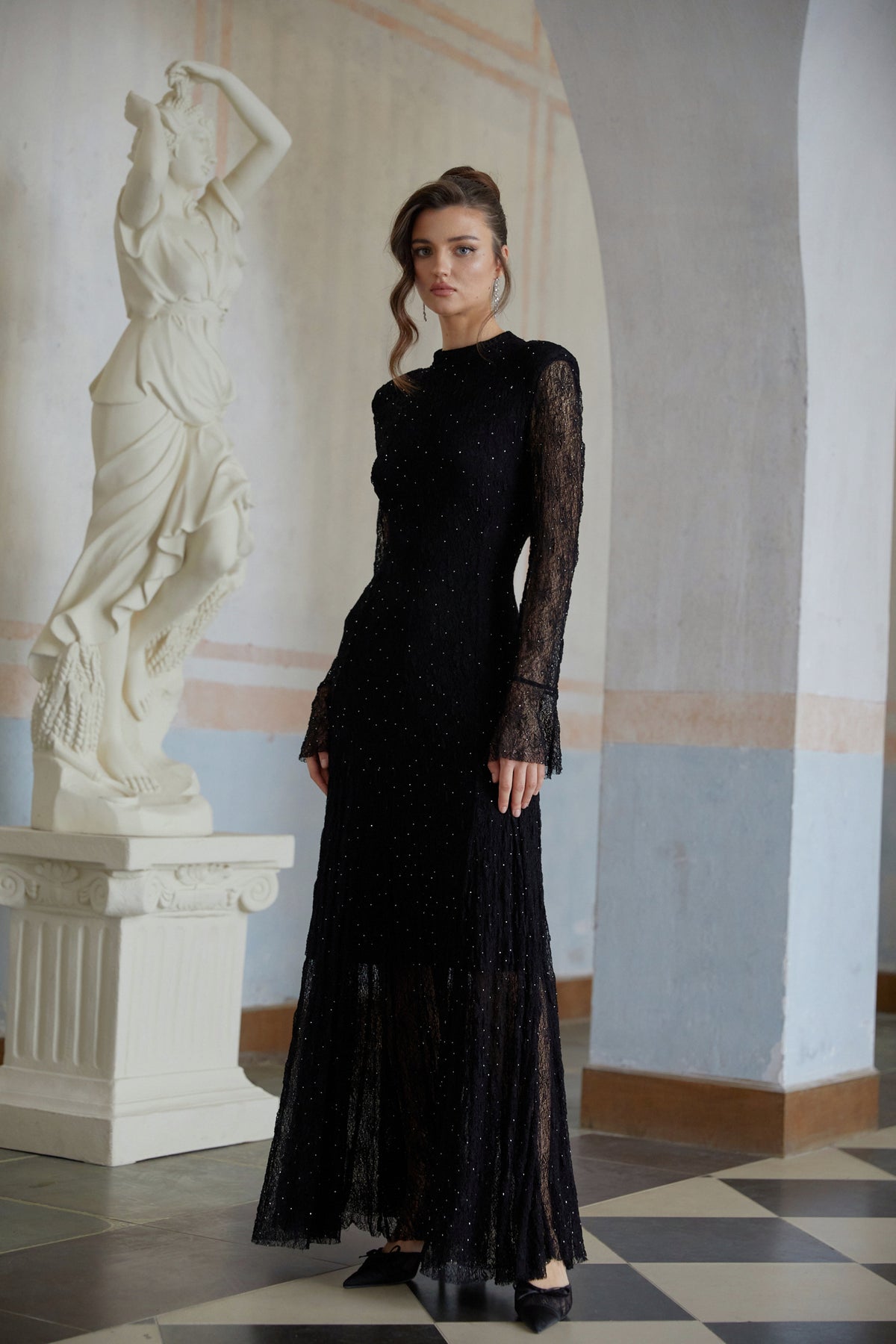 Justyna Black Rhinestone Guipure Lace Maxi Dress