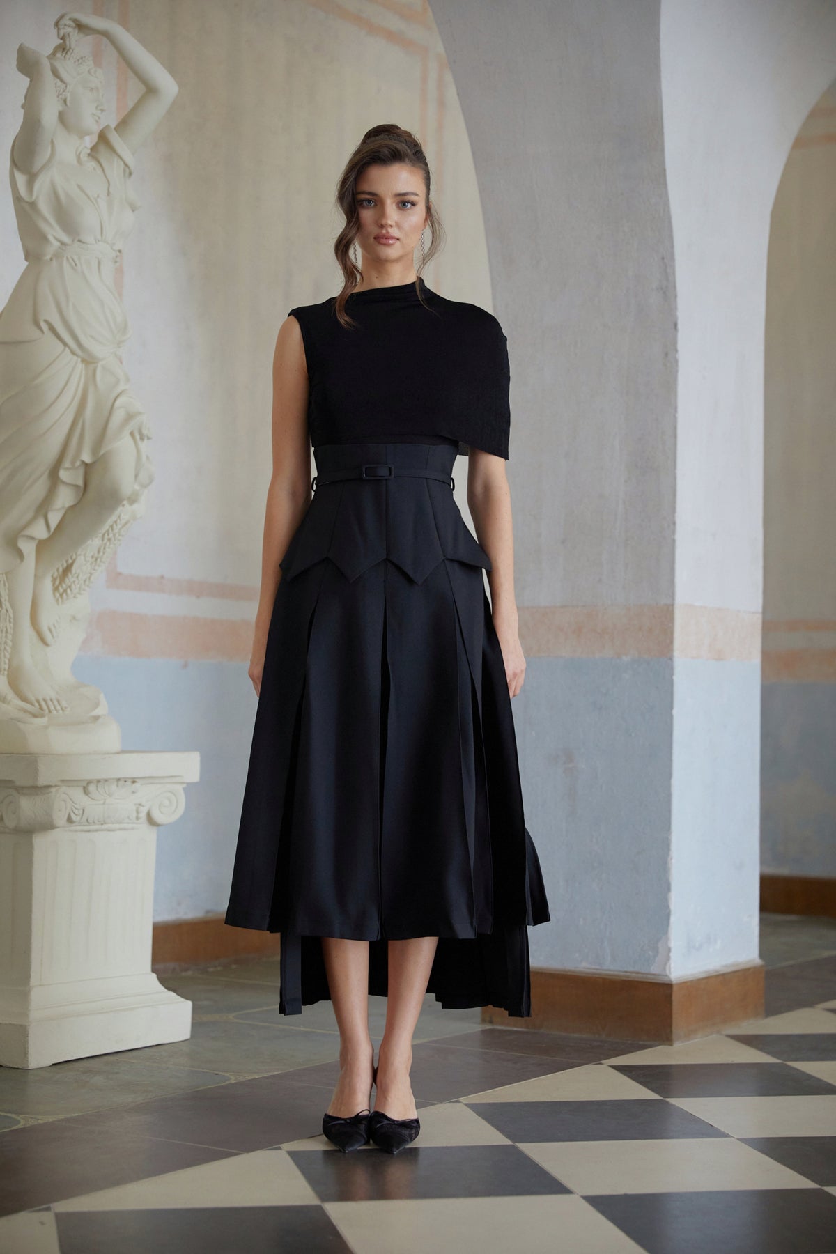 Éabha Black Asymmetrical Shawl Layered Midi Dress
