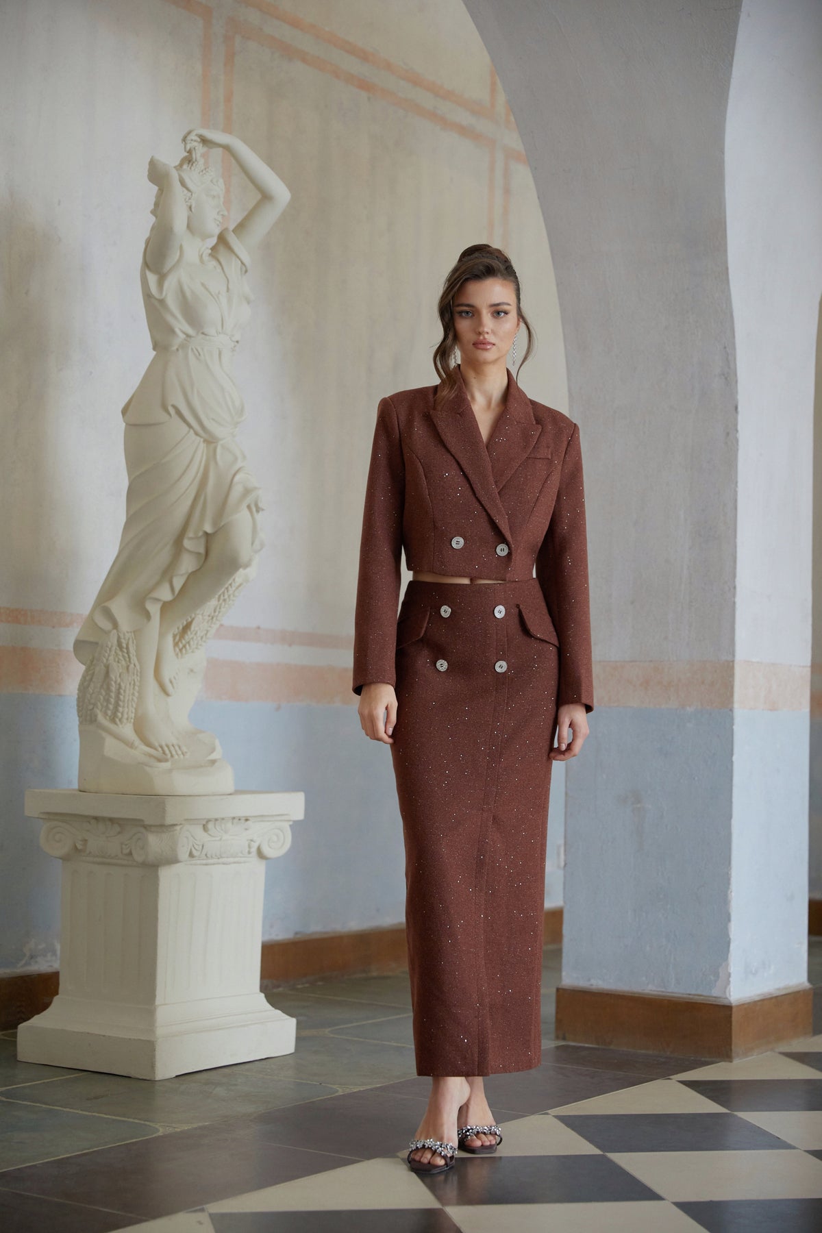 Emilía Brown Sequined Double-Breasted Jacket & Skirt Set