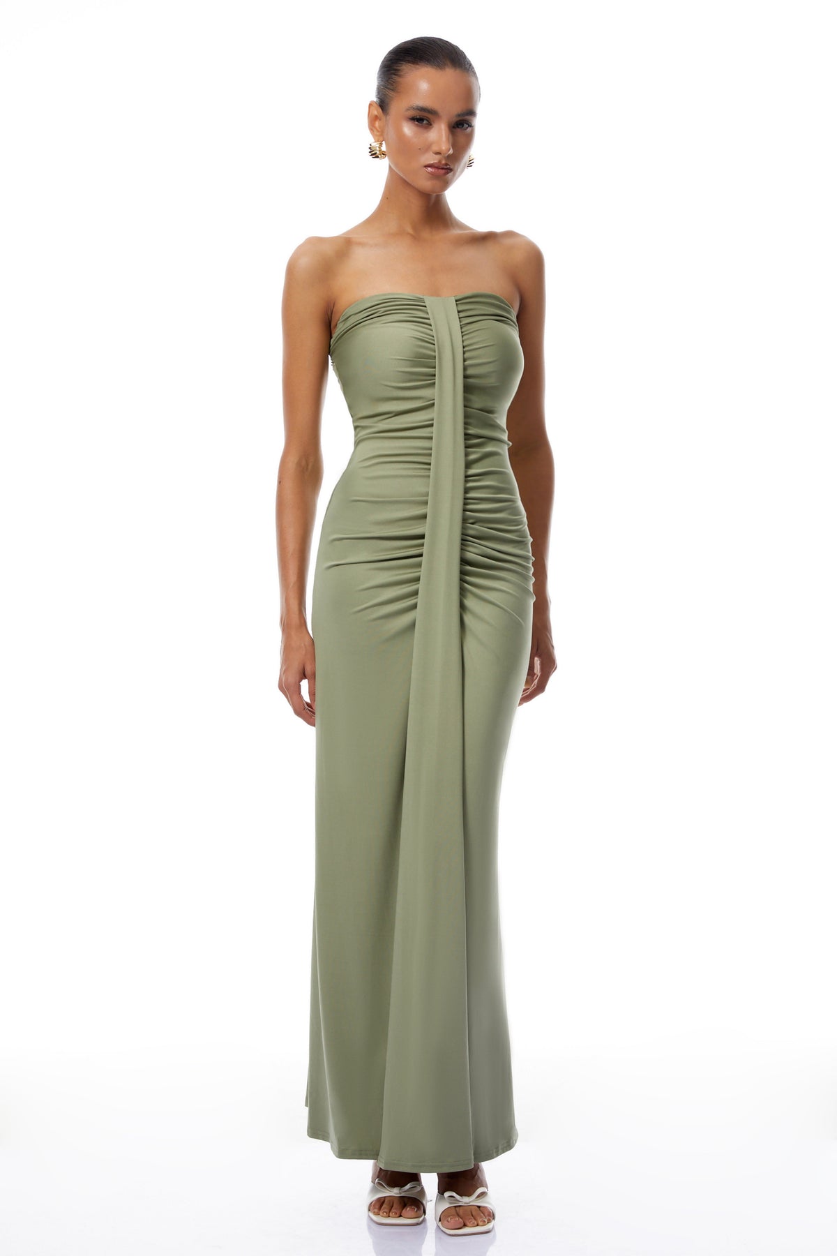 Micaela Green Off Shoulder Ruched Maxi Dress (Final Sale-US Only)