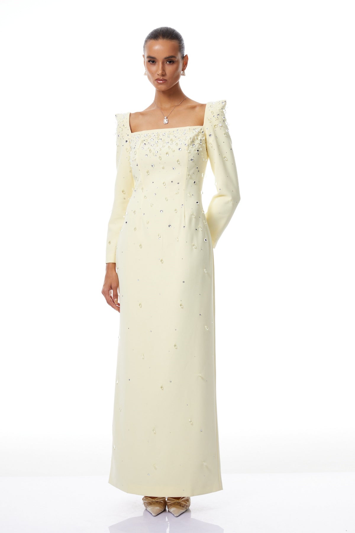 Carmela Yellow Square Neck Embellished Maxi Dress