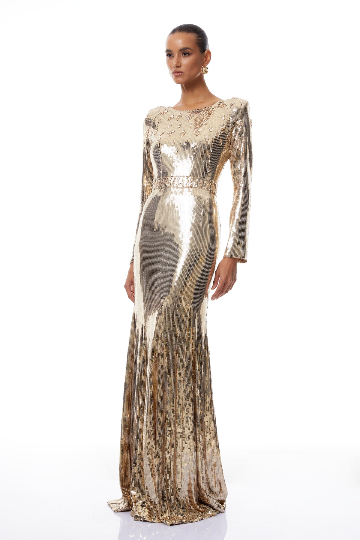 Federica Gold Train Sequined Maxi Dress