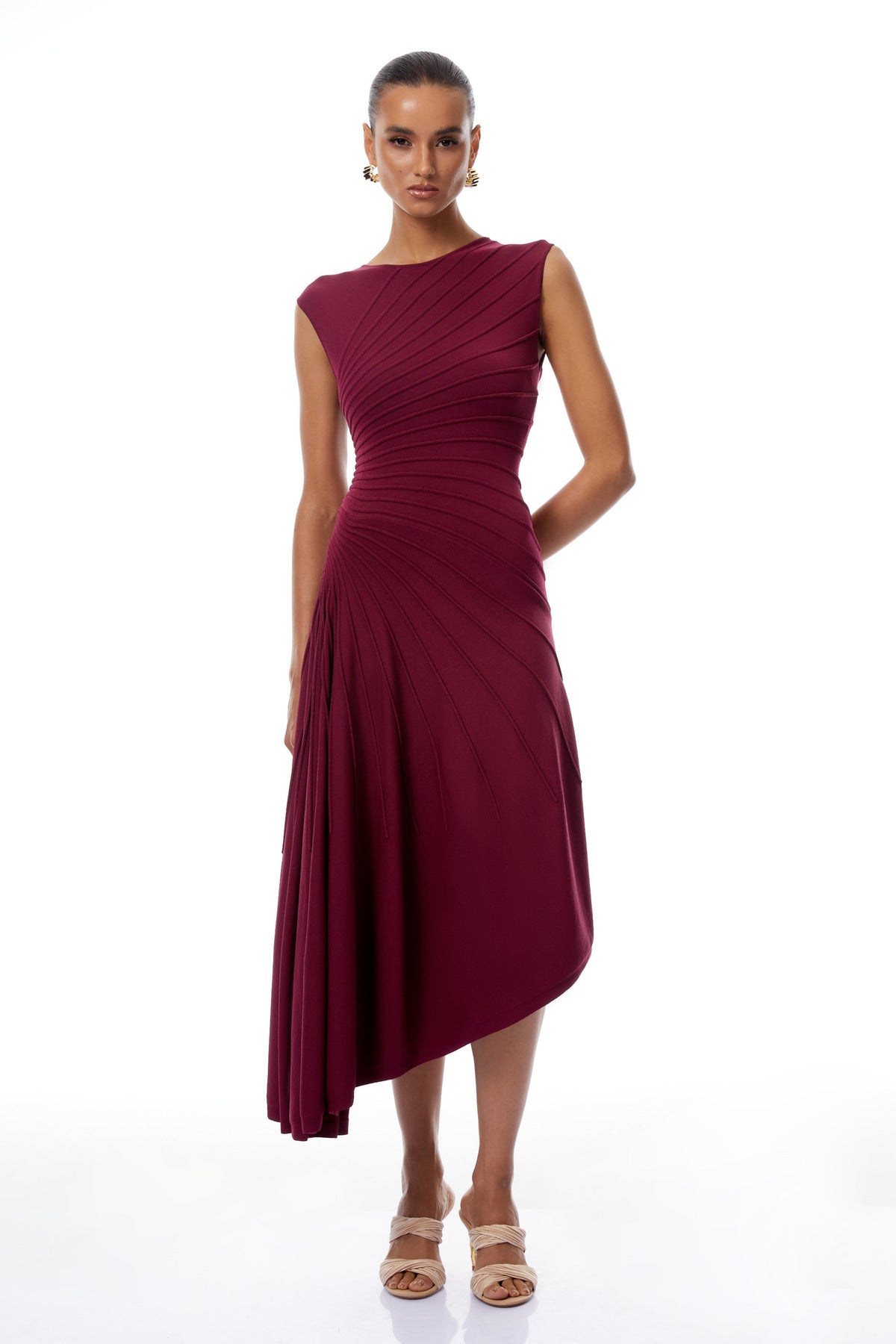 Orietta Burgundy Asymmetrical Draped Knit Midi Dress