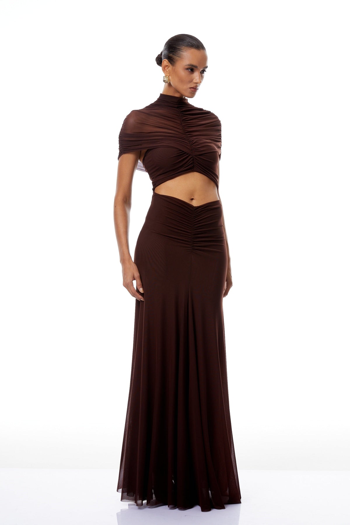 Bruna Cut-Out Ruched Mesh Maxi Dress