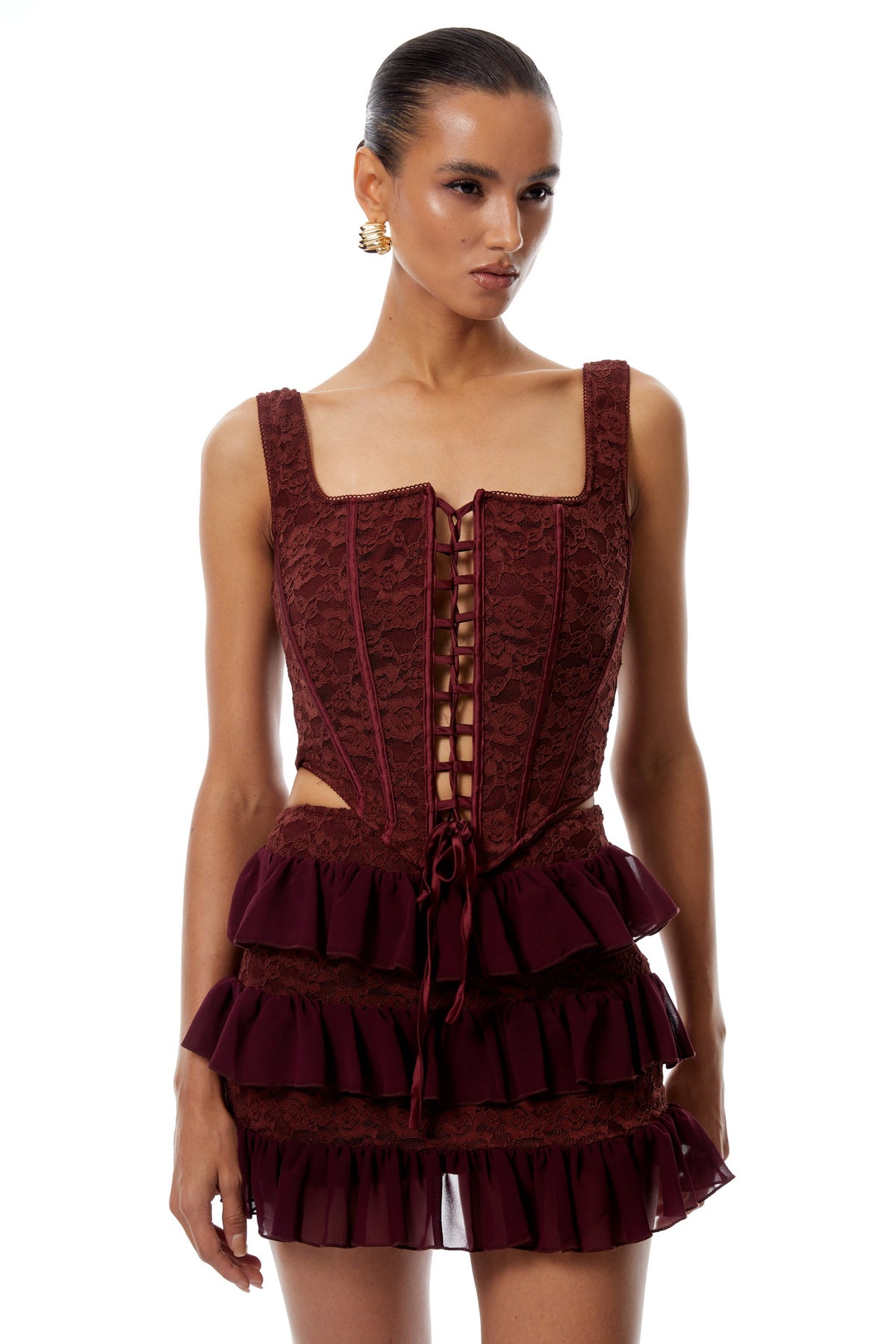 Léonie Red Floral Lace Top & Skirt Set