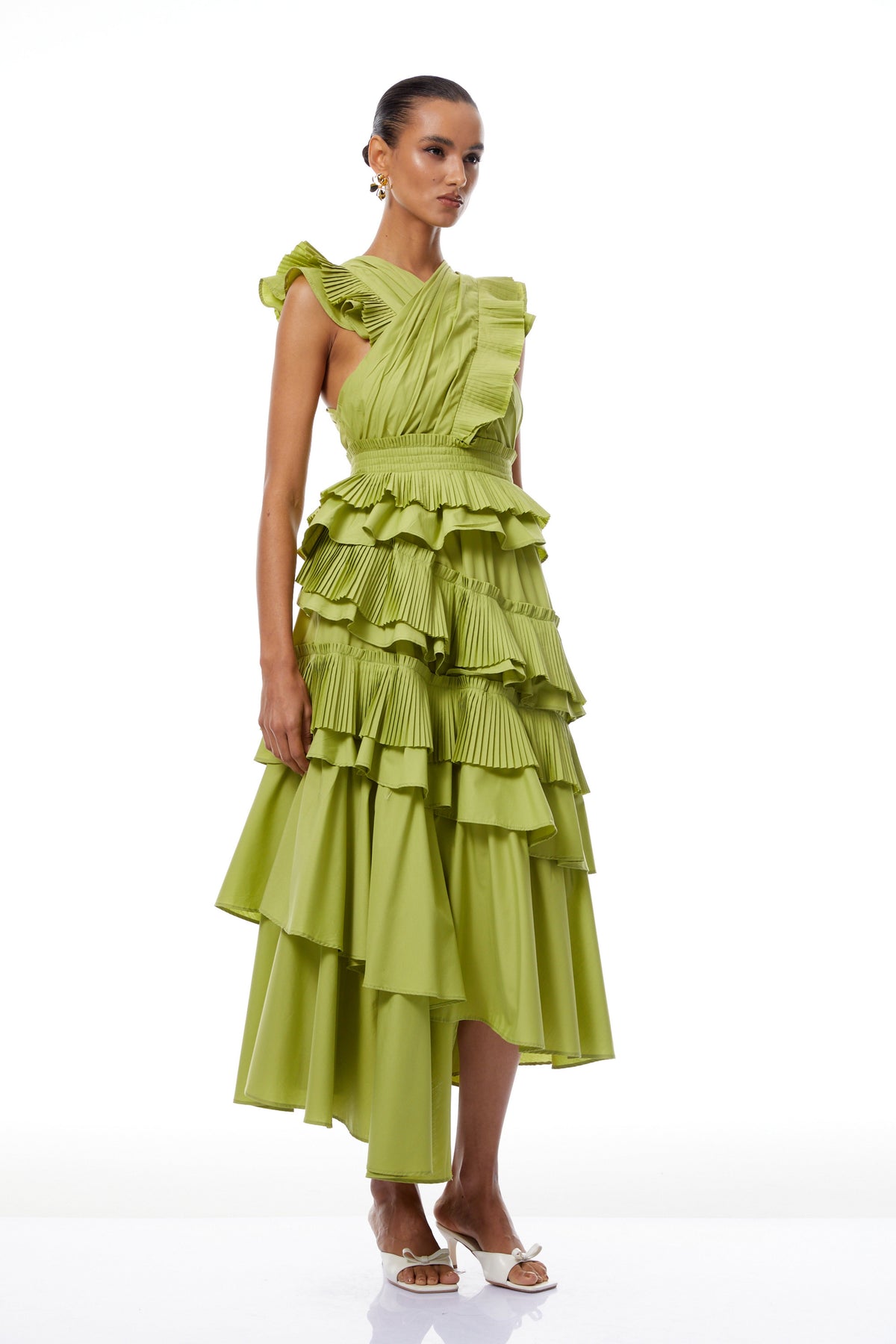 Raffaella Green Asymmetrical Ruffled Tiered Midi Dress