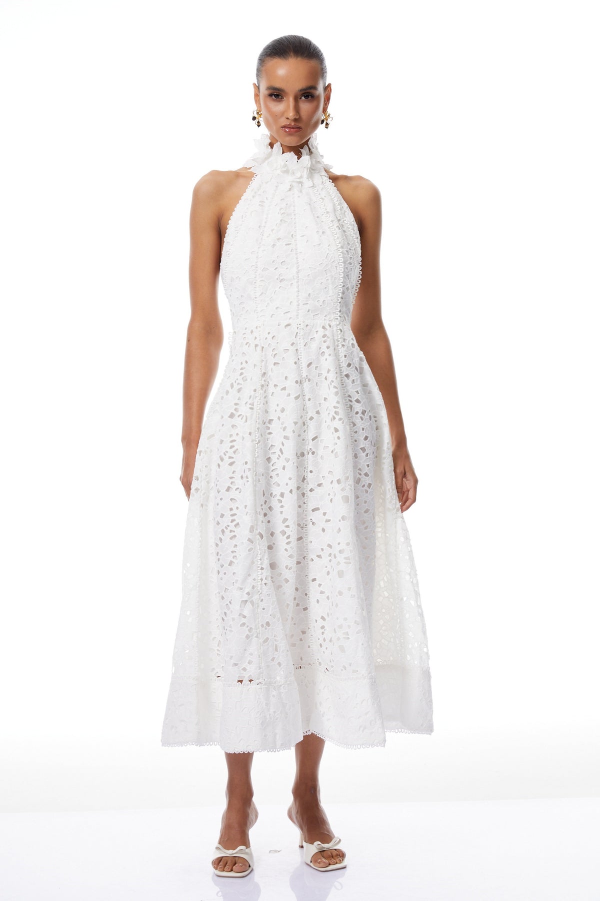 Solene White Halterneck Corded Lace Midi Dress