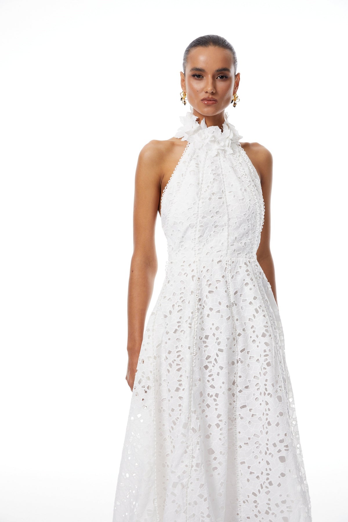 Solene White Halterneck Corded Lace Midi Dress