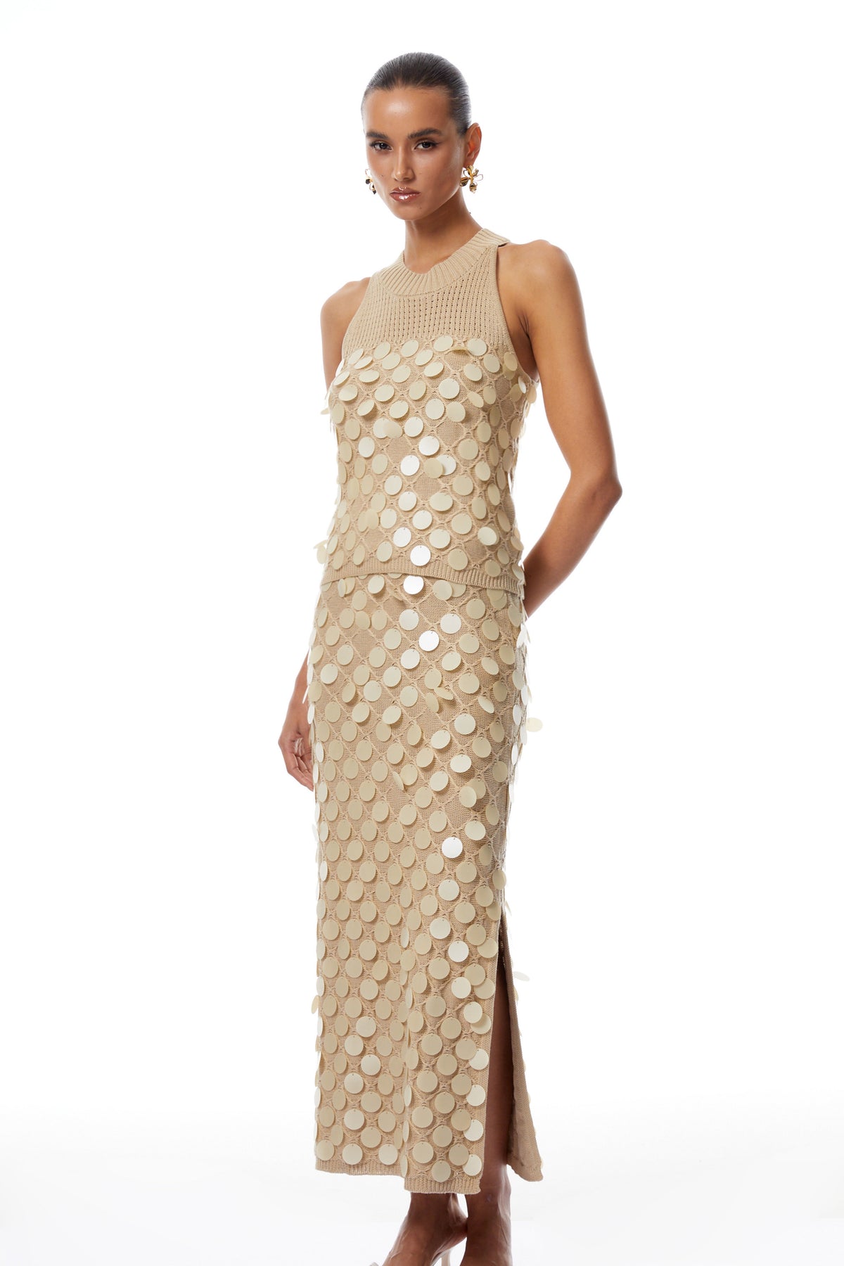 Vincenza Neutral Sequin Chain Disc Knit Matching Set