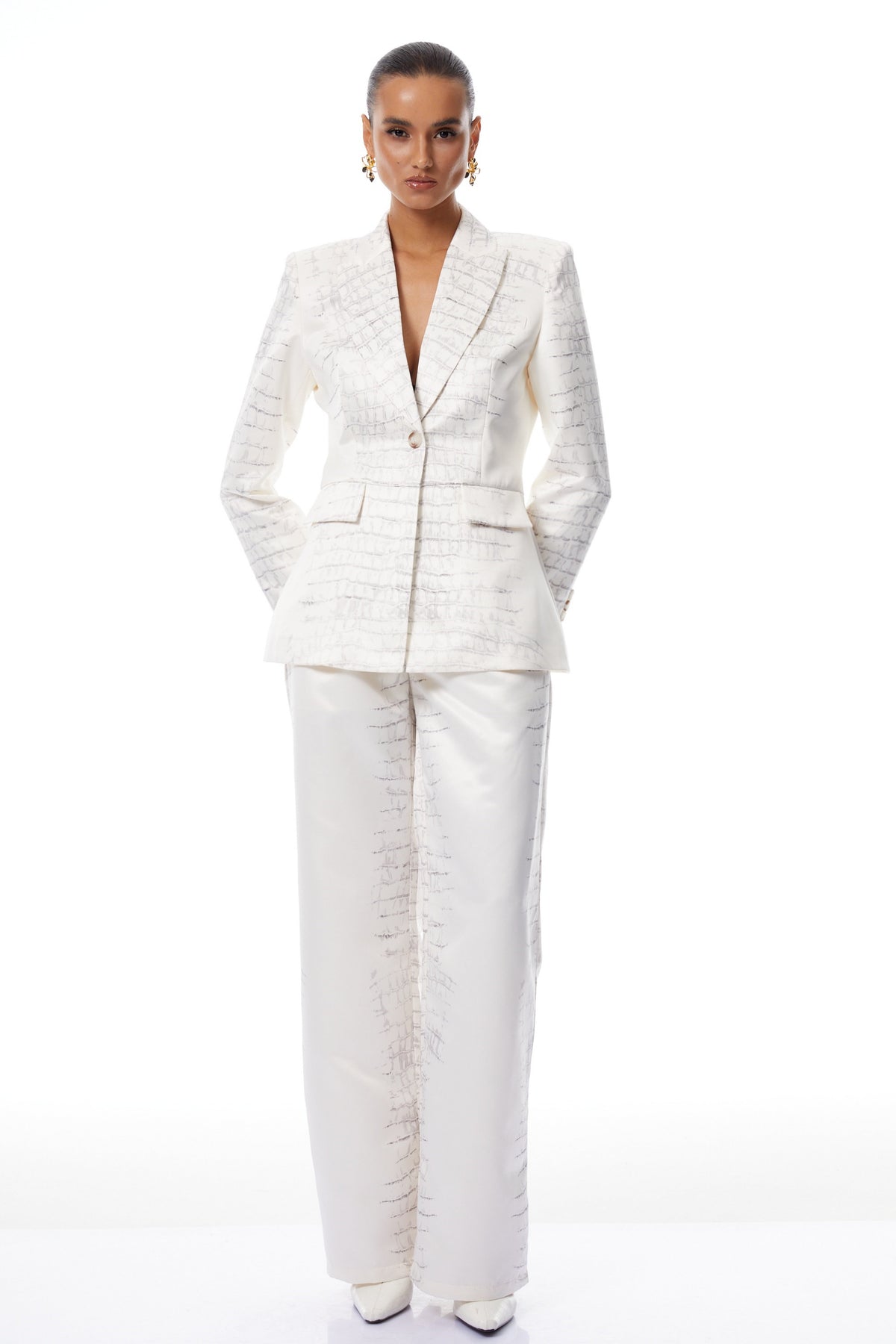 Abril White Crocodile Print Blazer & Trousers Set