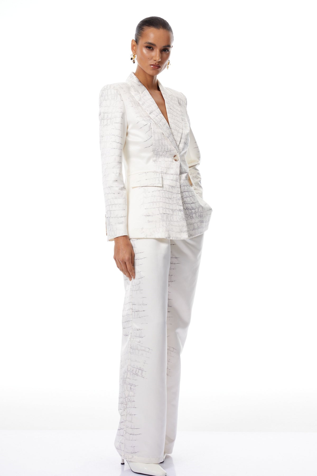 Abril White Crocodile Print Blazer & Trousers Set