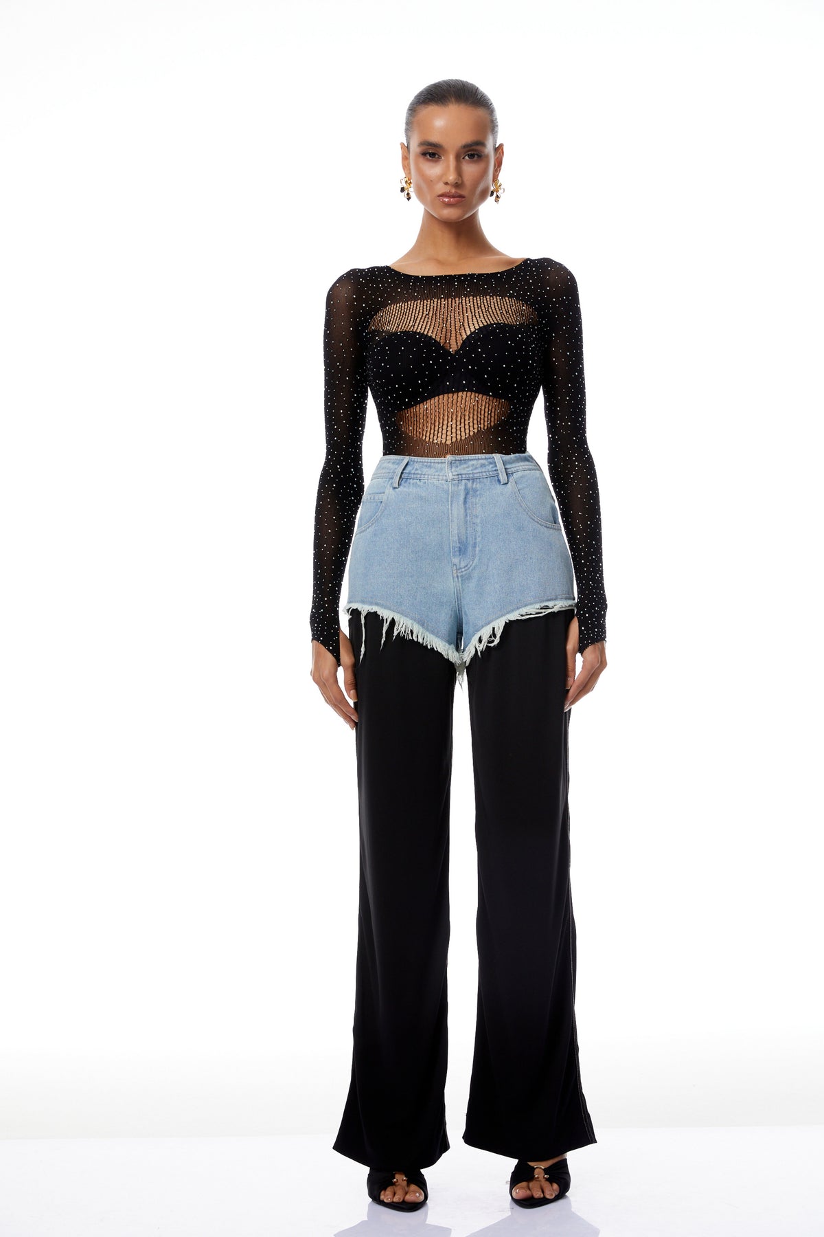 Jovie Black Rhinestone Pointelle Knit Bodysuit