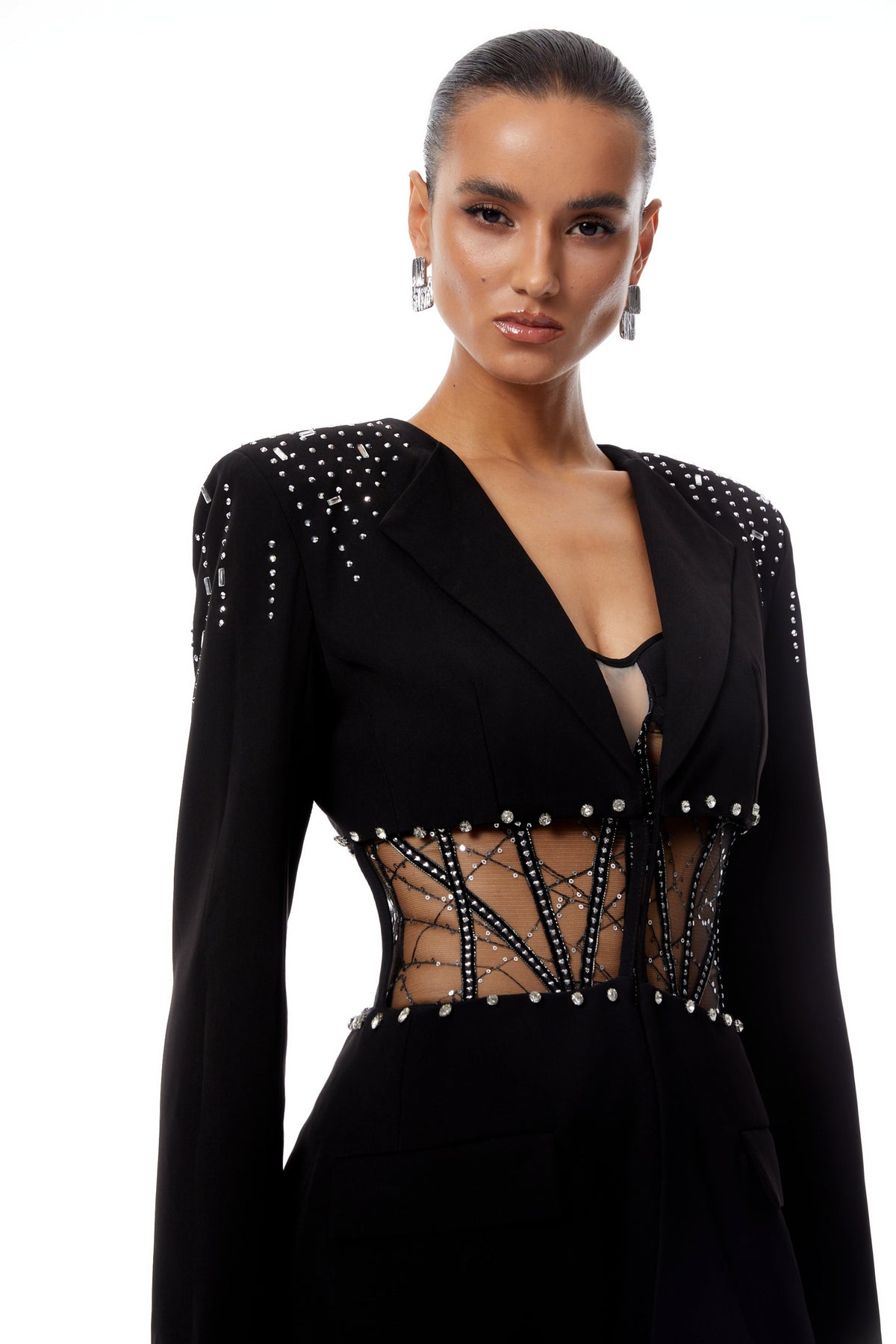 Xyla Black Cut Out Embellished Blazer & Playsuit Set