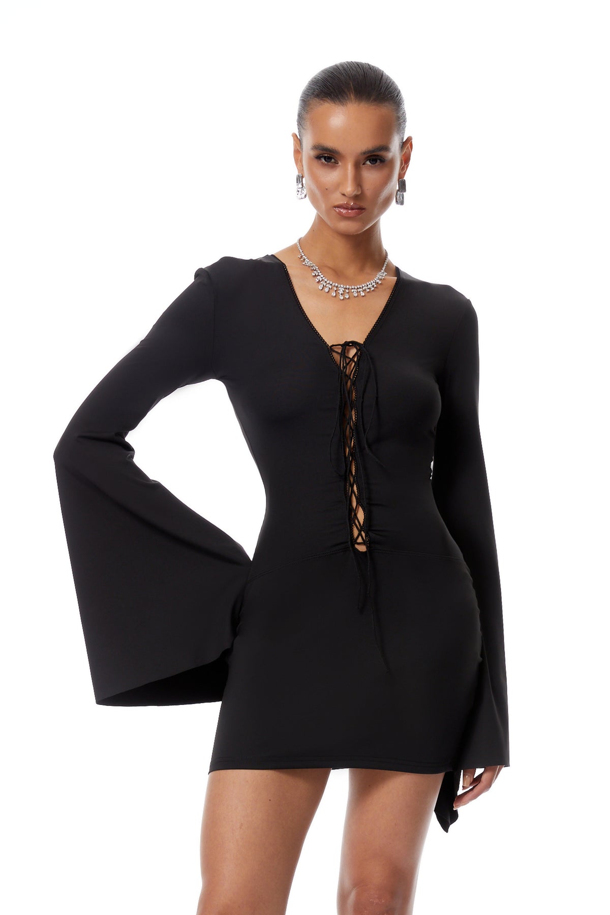 Kinsley Black Bell Sleeve Lace Up Mini Dress