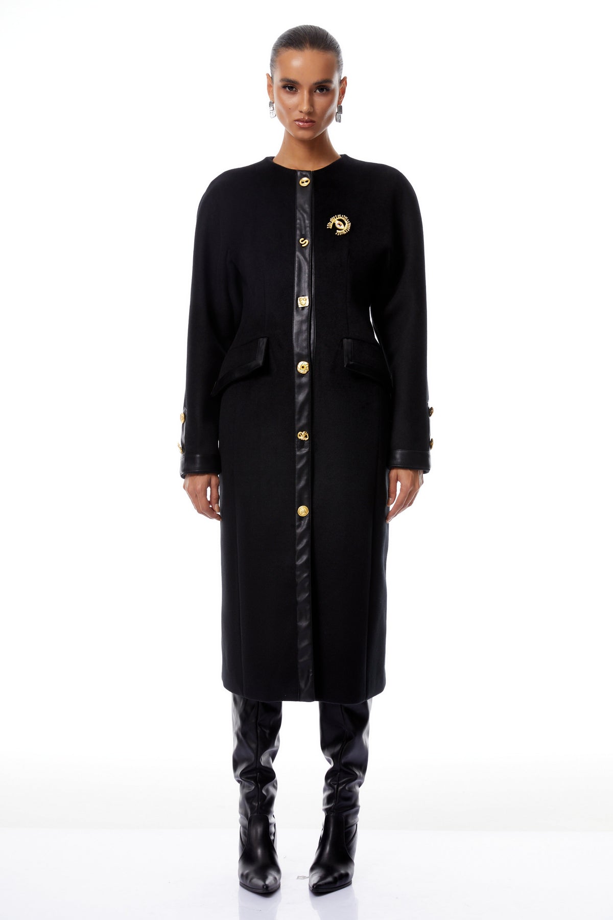 Stefania Black Decorative Button Tweed Overcoat