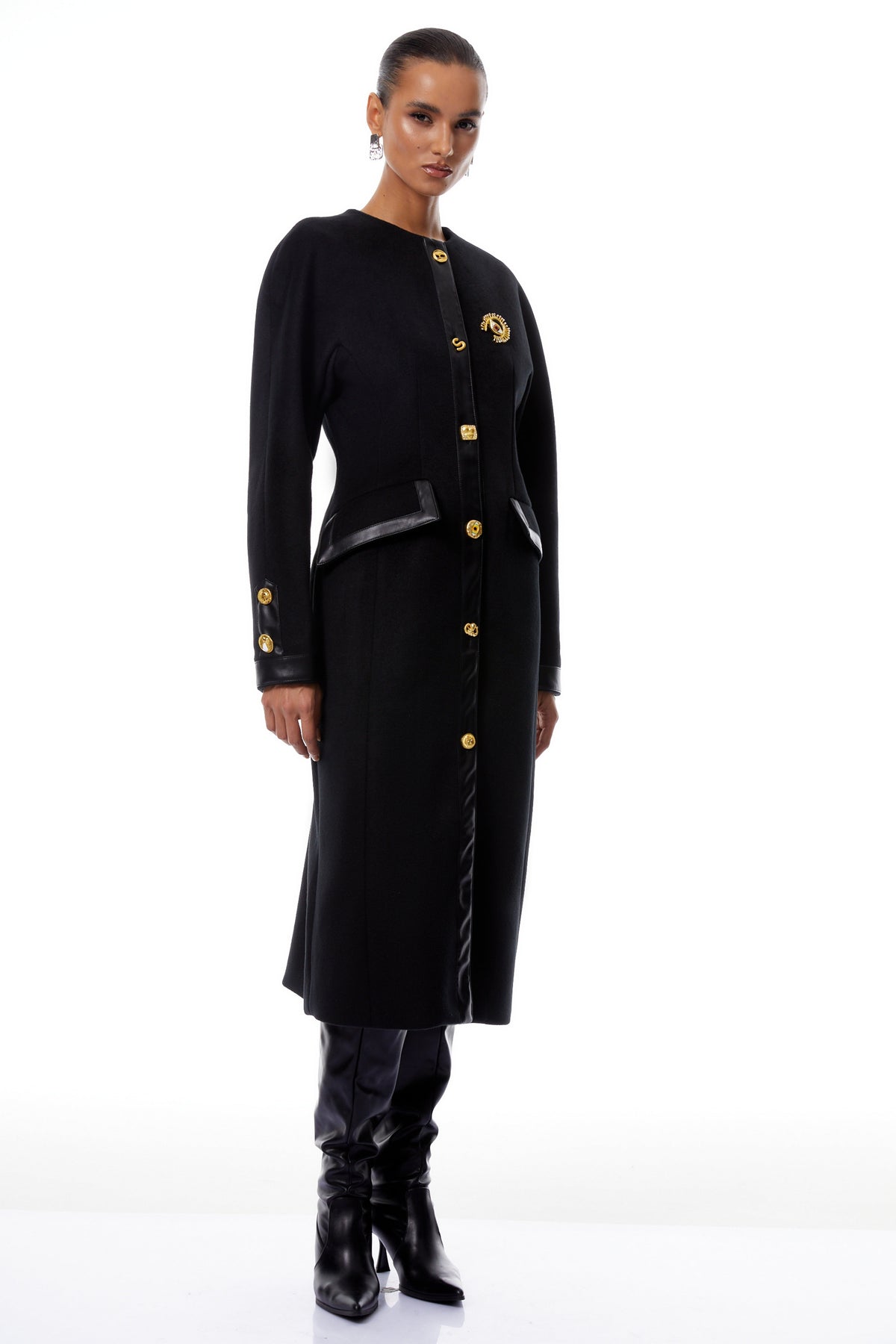 Stefania Black Decorative Button Tweed Overcoat