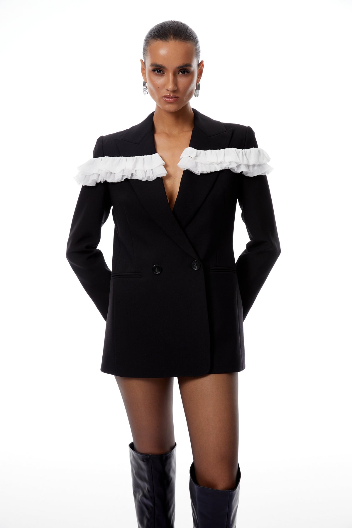Violette Black Ruffled Mesh Panel Blazer (Final Sale)
