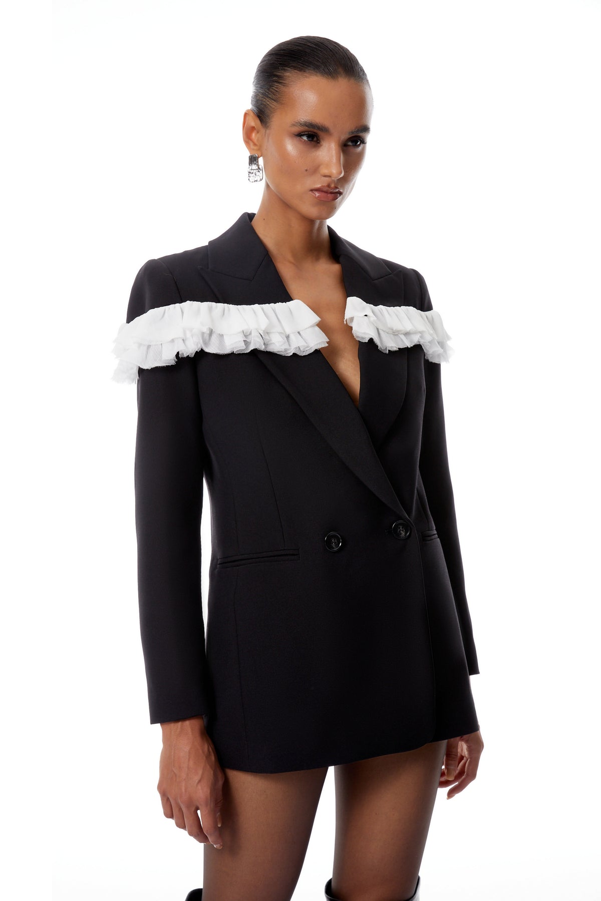 Violette Black Ruffled Mesh Panel Blazer