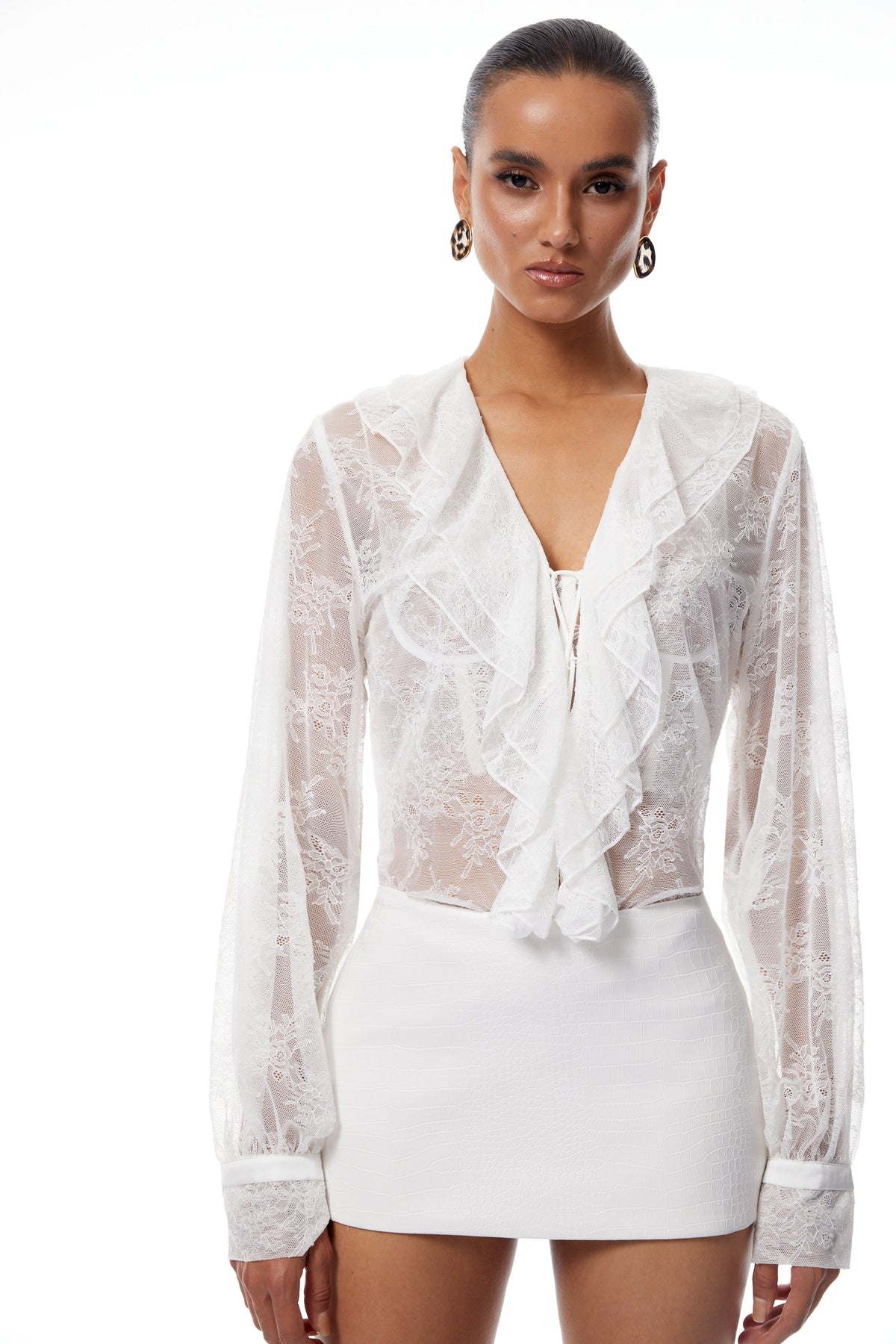 Vanessa White Floral Lace Blouse & Leather Skirt Set