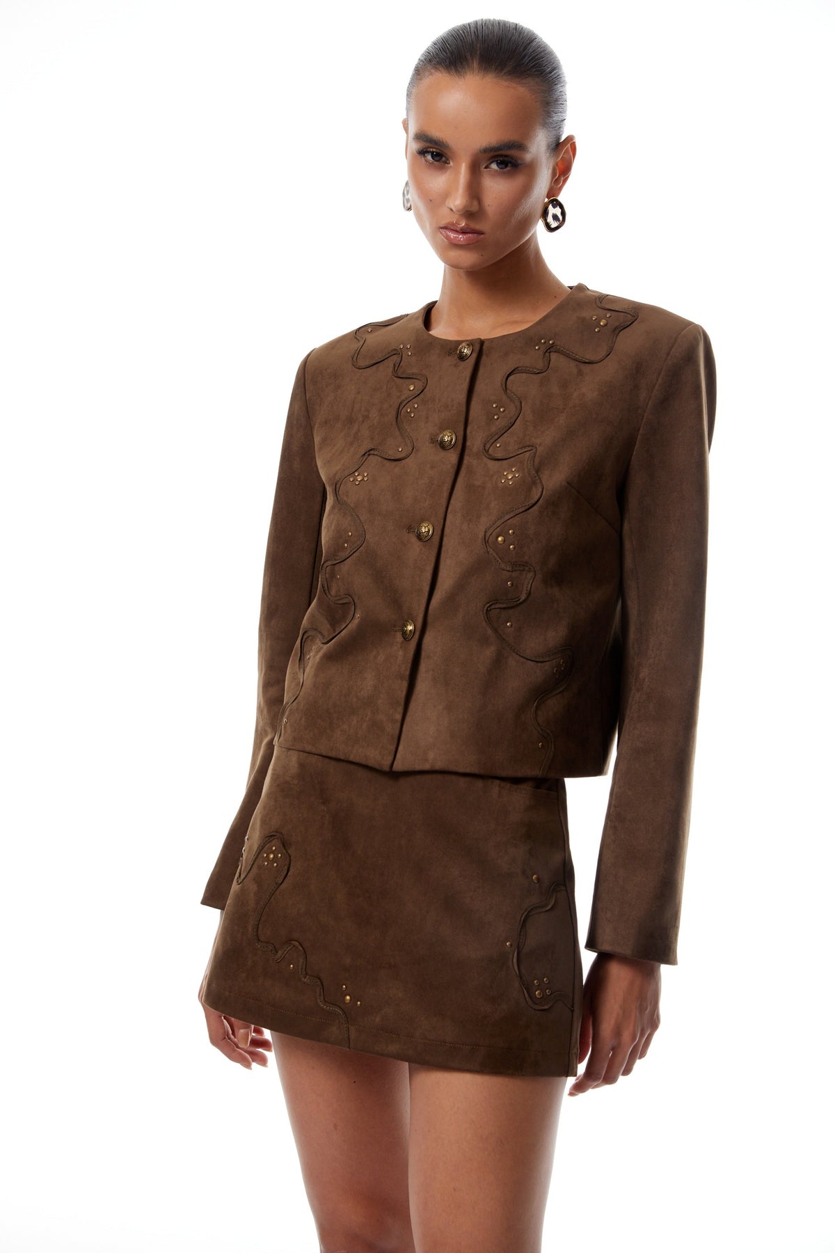 Xénia Brown Studded Suede Jacket & Skirt Set