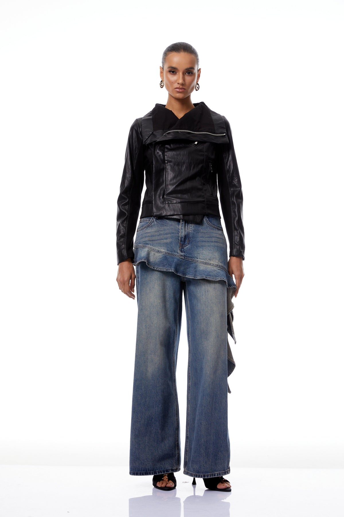 Elfriede Black Asymmetrical Lapel Leather Biker Jacket