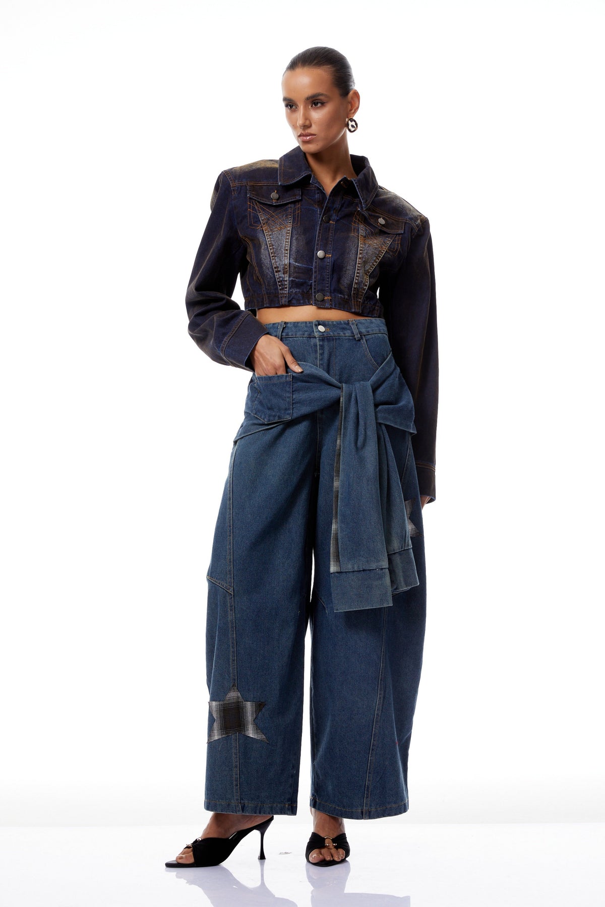 Justine Blue Checked Patchwork Baggy Jeans