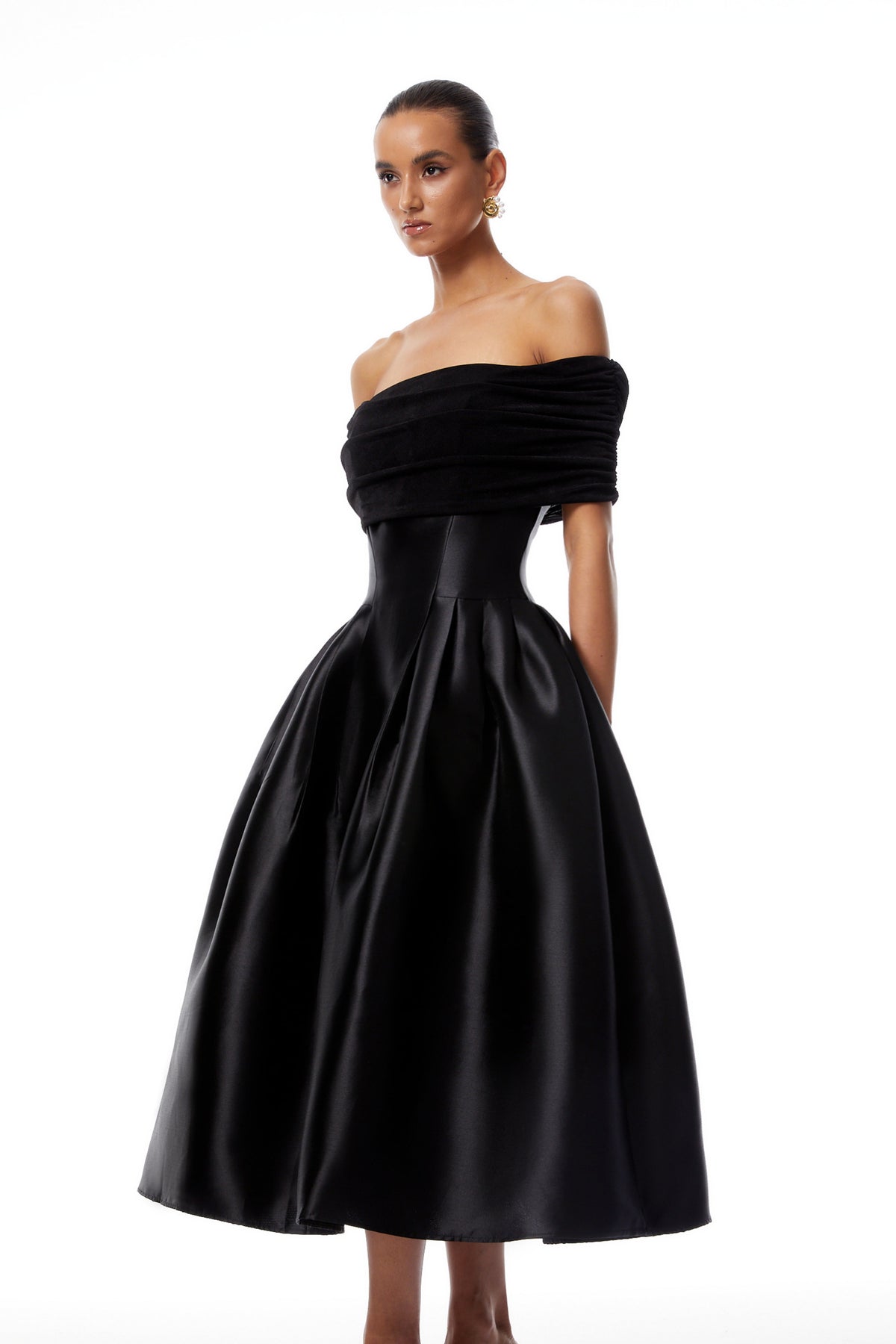 Ainara Black Off Shoulder Polished Midi Dress