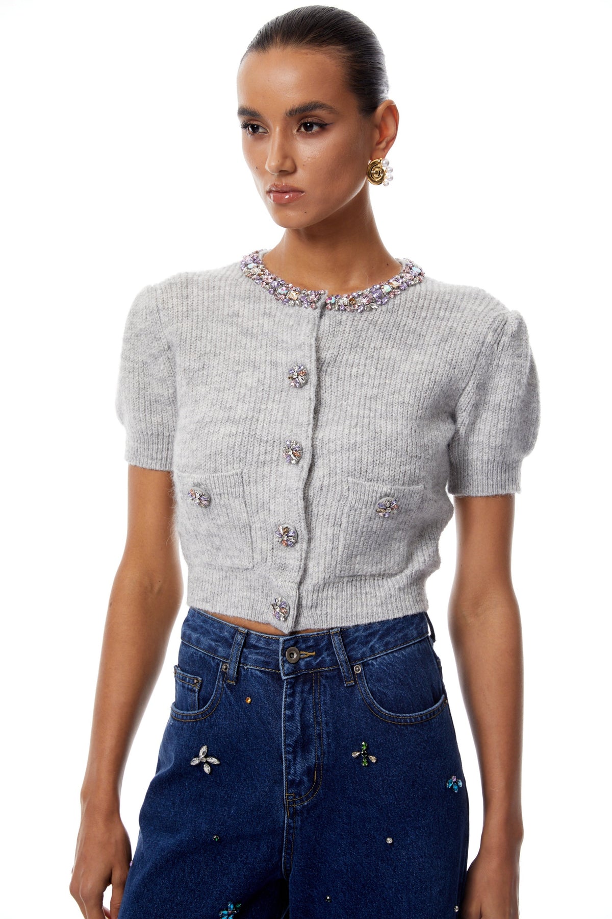 Camille Grey Embellished Ribbed Knit Crop Top