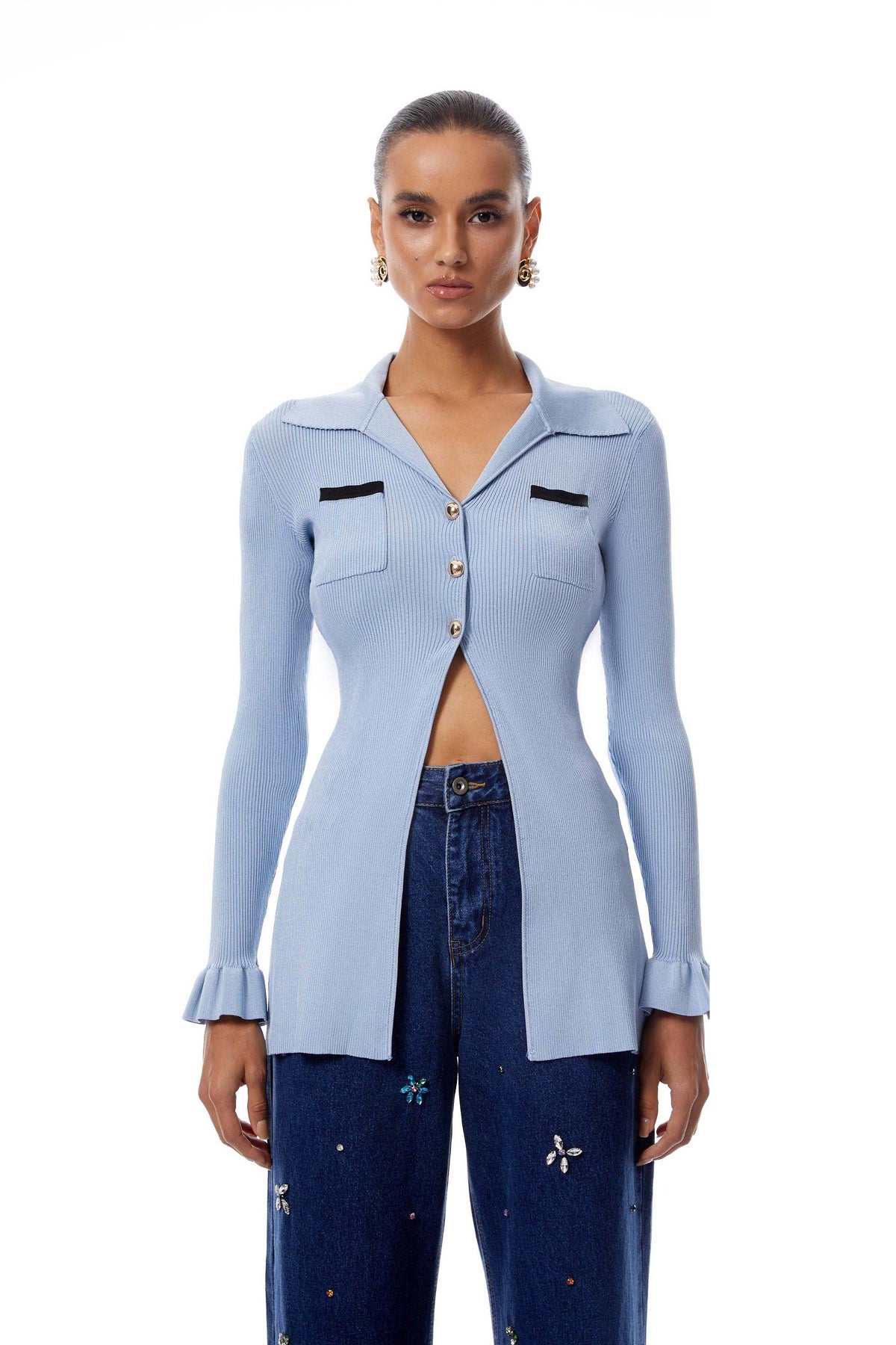 Jade Blue Slit Ribbed Knit Cardigan