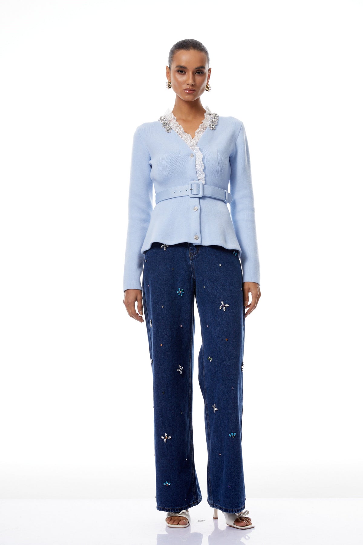 Irina Blue Embellished Ruffled Ribbed Knit Cardigan (Final Sale-US Only)