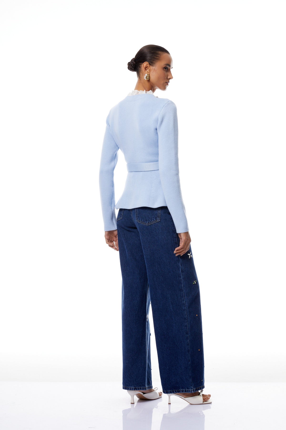 Irina Blue Embellished Ruffled Ribbed Knit Cardigan (Final Sale-US Only)