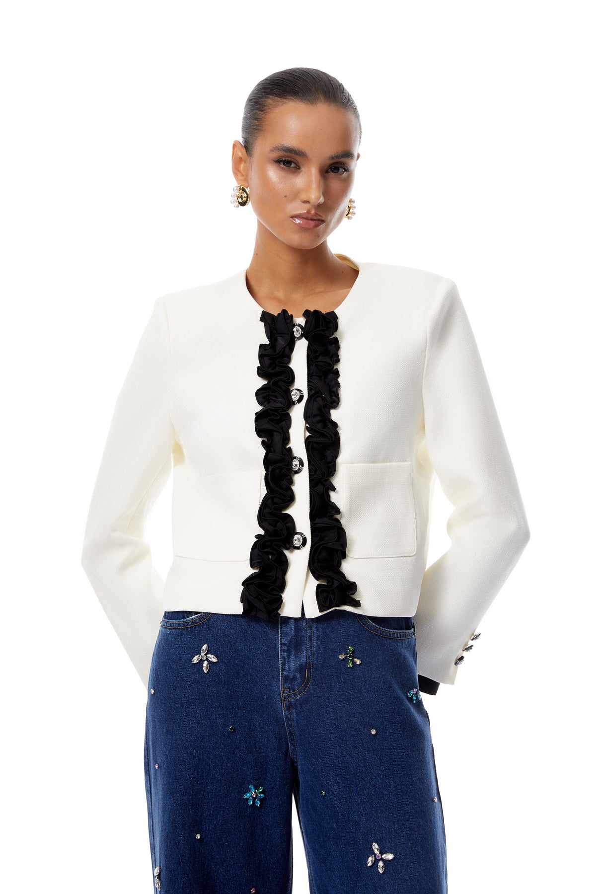 Vivienne White Ruffled Trim Short Jacket