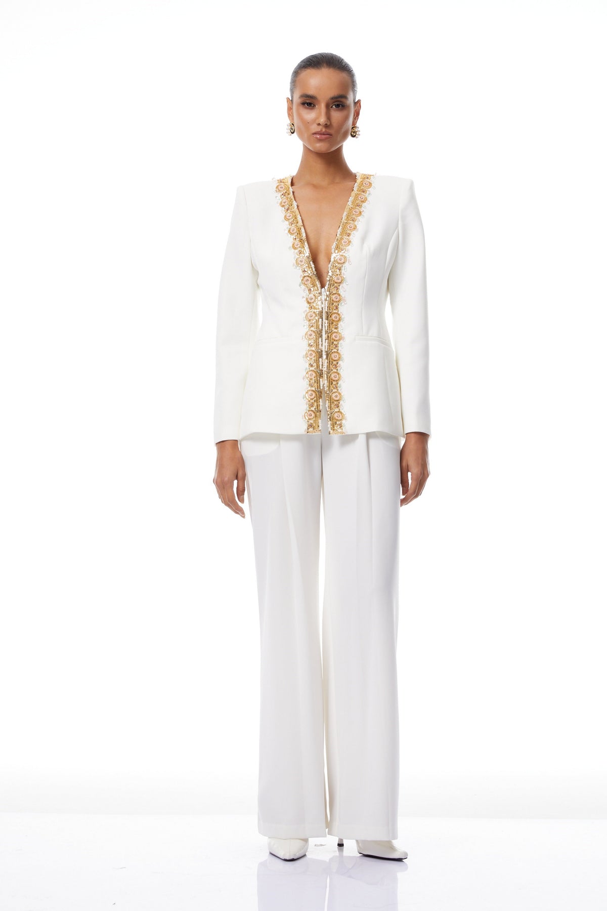 Leopoldine White Embellished Blazer & Trousers Set