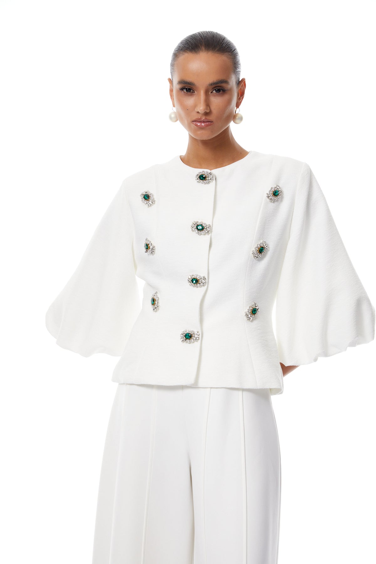 Bérénice White Crystal Embellished Peplum Jacket