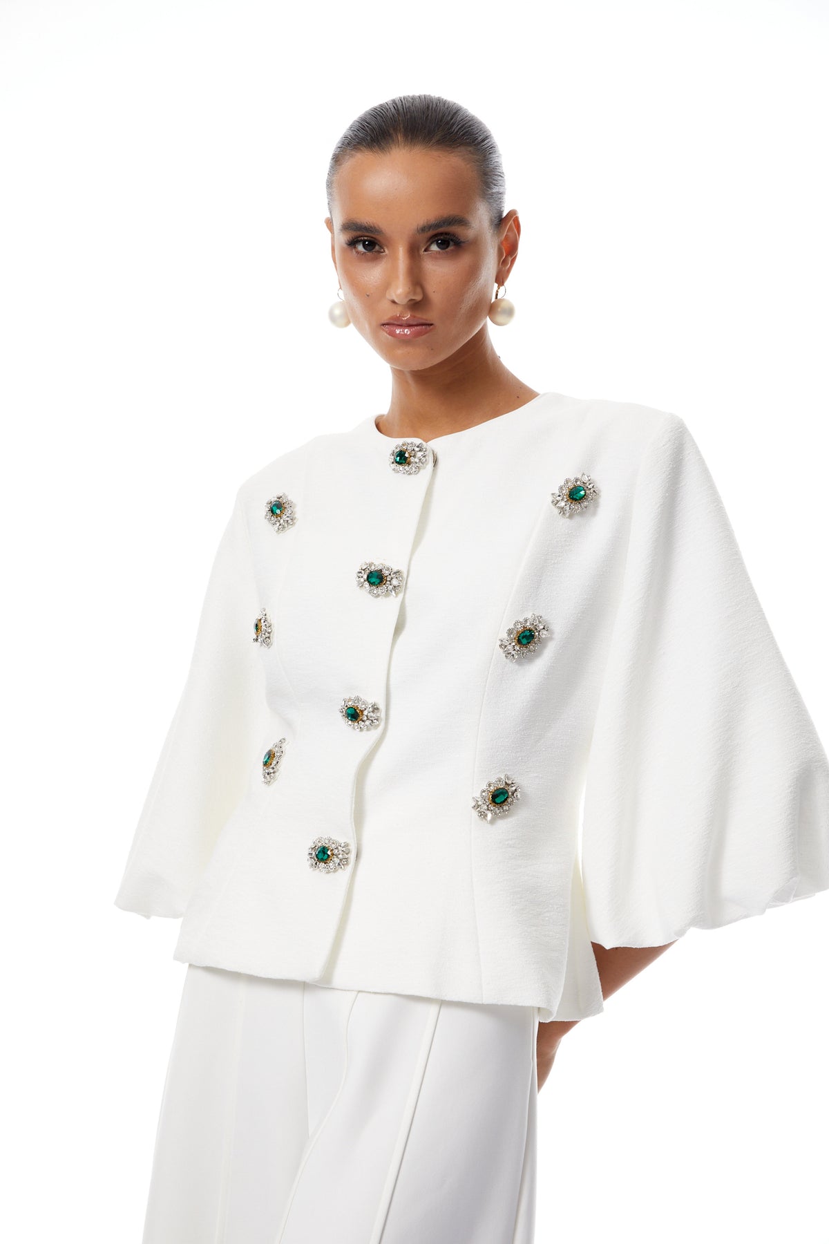 Bérénice White Crystal Embellished Peplum Jacket