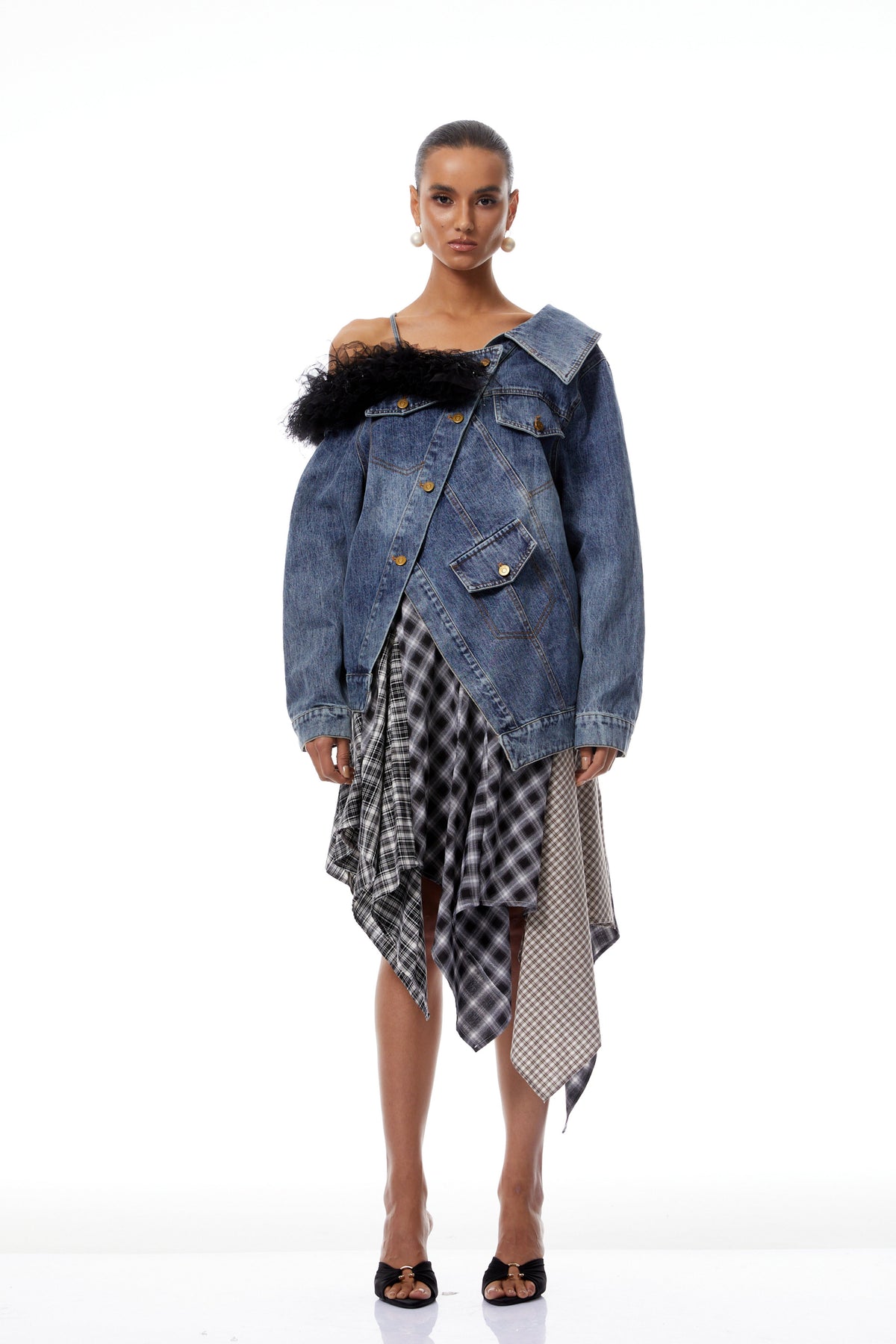 Candela Blue Tulle Panel Asymmetrical Denim Jacket