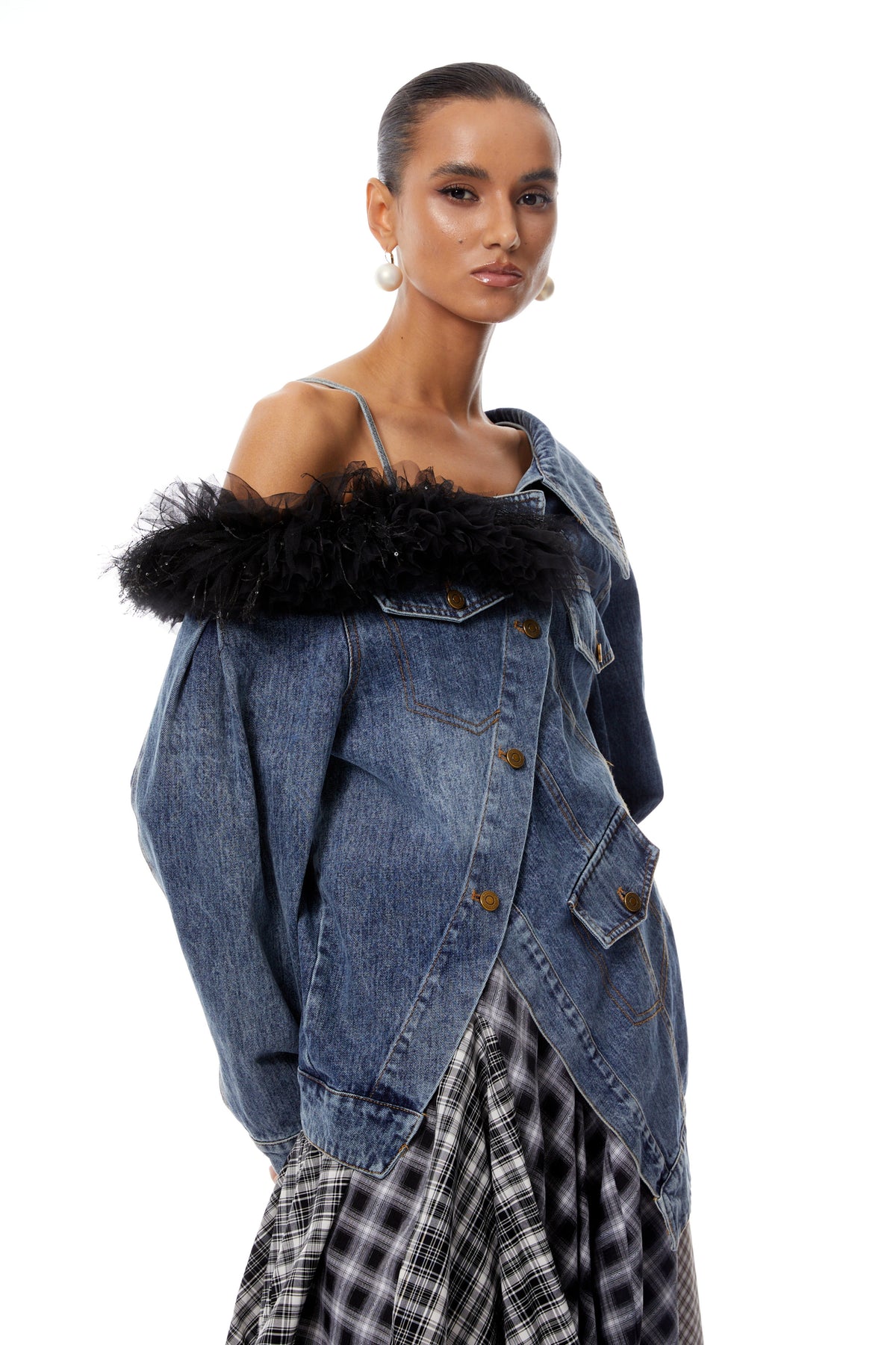 Candela Blue Tulle Panel Asymmetrical Denim Jacket
