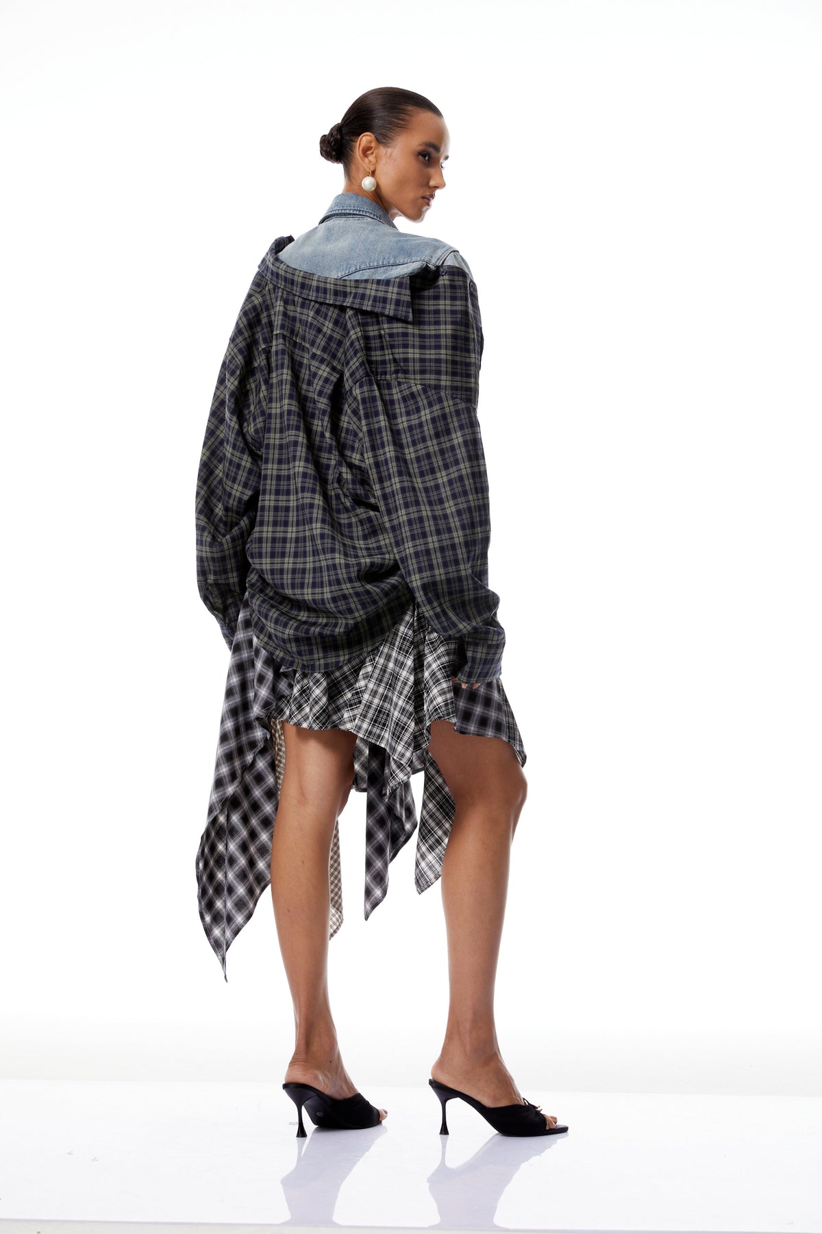 Marina Blue Deconstructed Denim Shirt with Plaid Panels