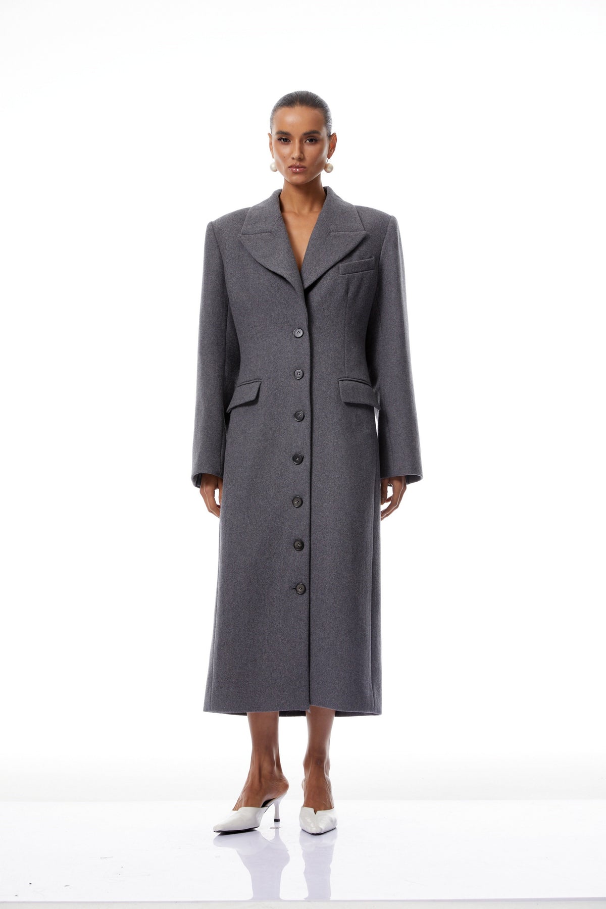 Leire Grey Single-Breasted Tweed Overcoat
