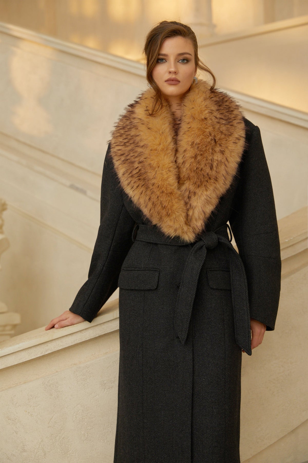 Fable Black Fur Lapel Long Tweed Coat (Final Sale)