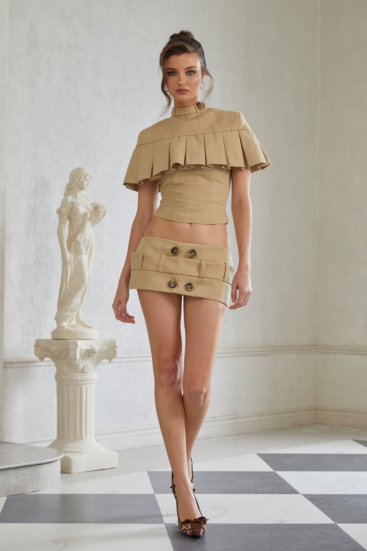 Antonella Khaki Pleated Cape Top & Pencil Skirt Set (Final Sale)