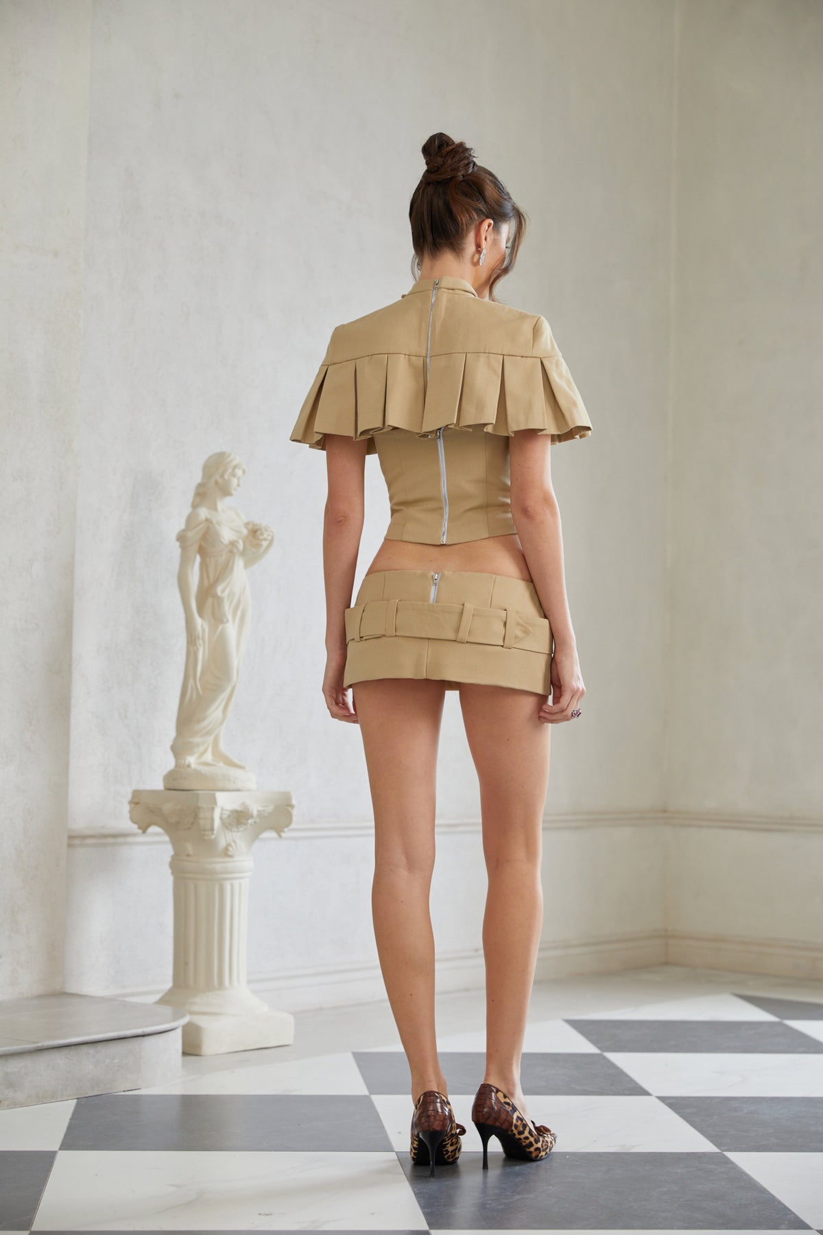 Antonella Khaki Pleated Cape Top & Pencil Skirt Set