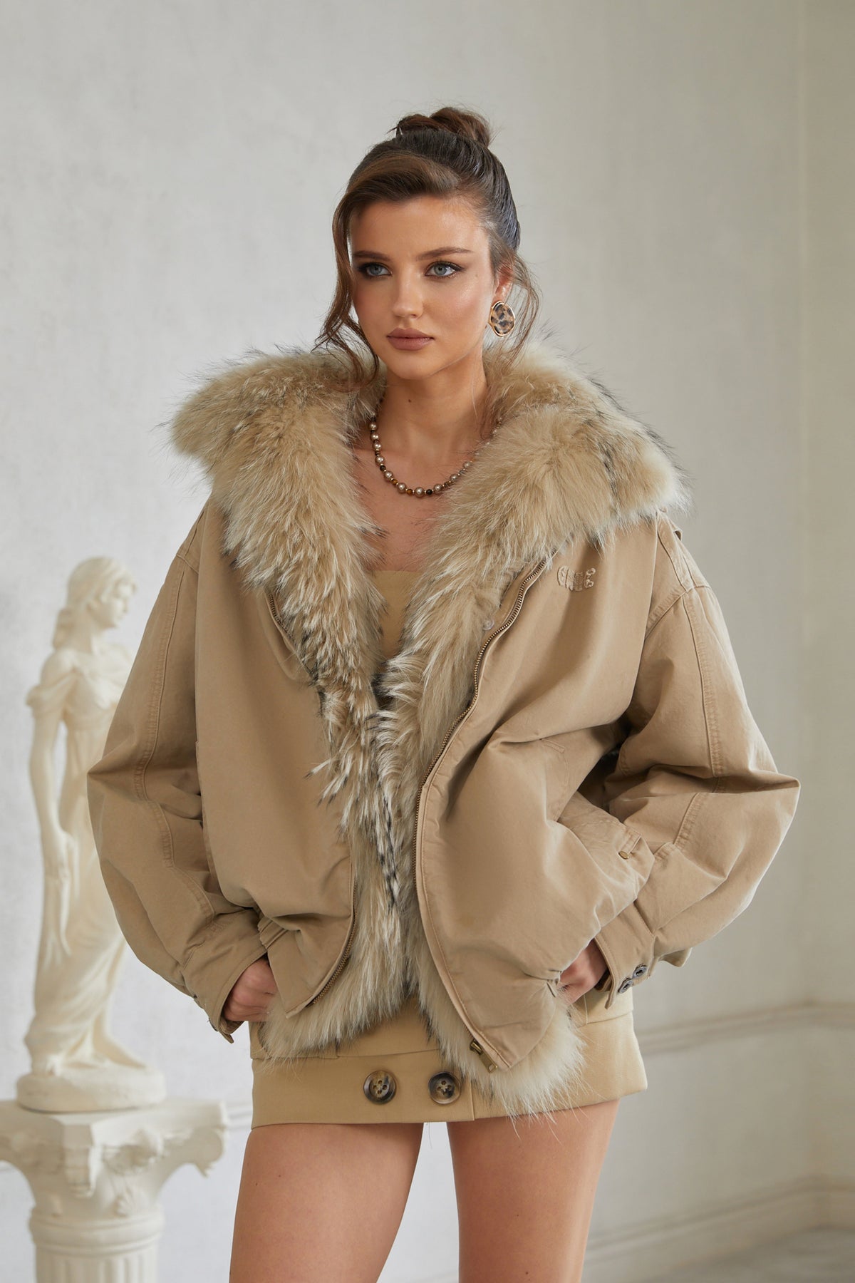 Rosanna Khaki Fur Panel Bomber Puffer Jacket